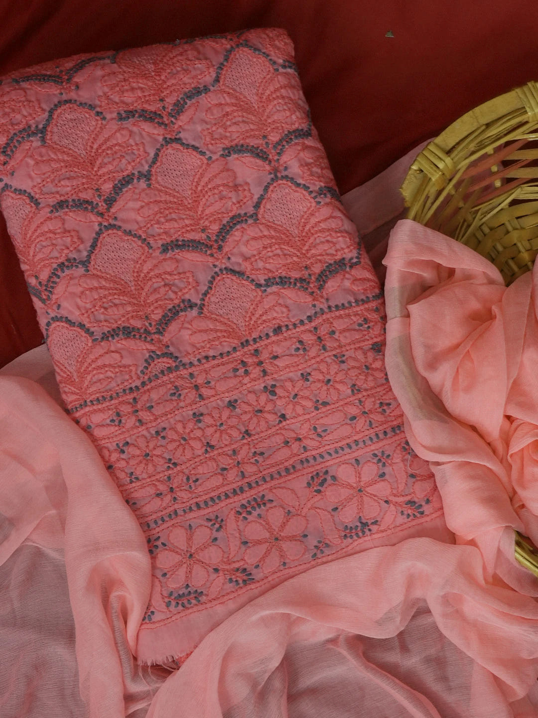 Ada Hand Embroidered Brink Pink Cotton Lucknowi Chikankari Unstitched Kurta Dupatta Set 01A82065
