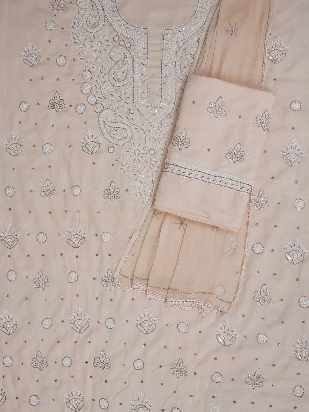 Ada Hand Embroidered Peach Cotton Lucknowi Chikankari Unstitched Suit Piece With Cutdana Work 01A322254
