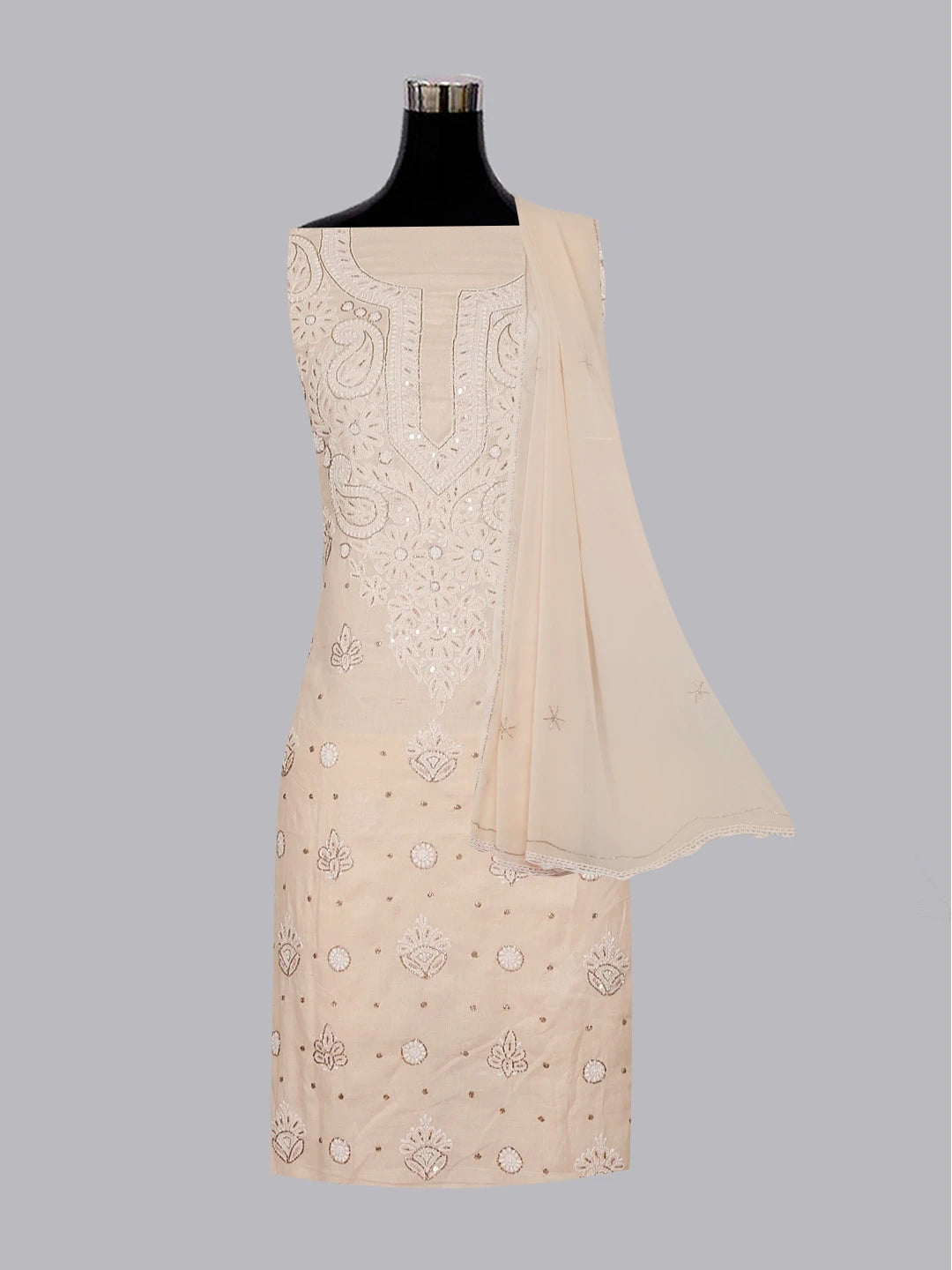 Ada Hand Embroidered Peach Cotton Lucknowi Chikankari Unstitched Suit Piece With Cutdana Work 01A322254