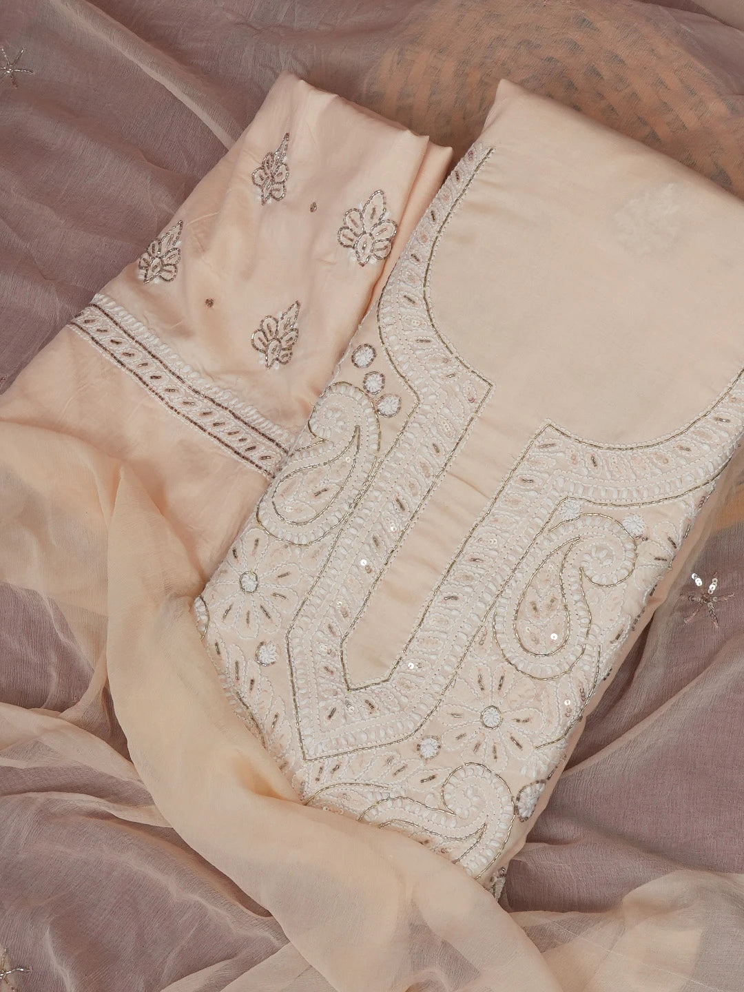 Ada Hand Embroidered Peach Cotton Lucknowi Chikankari Unstitched Suit Piece With Cutdana Work 01A322254