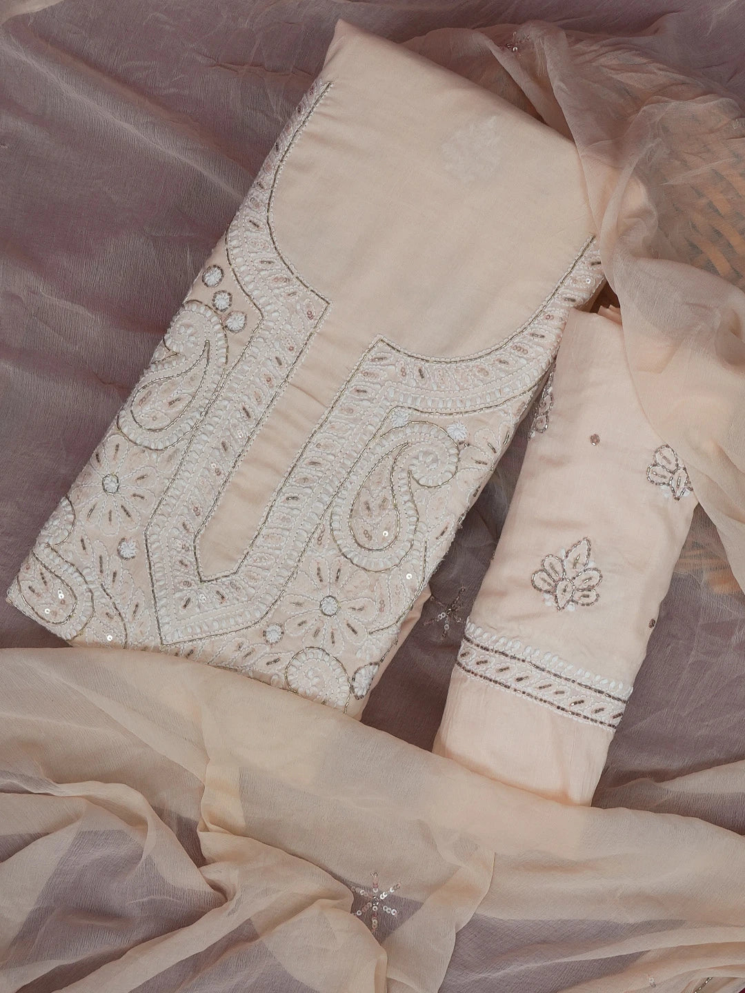 Ada Hand Embroidered Peach Cotton Lucknowi Chikankari Unstitched Suit Piece With Cutdana Work 01A322254