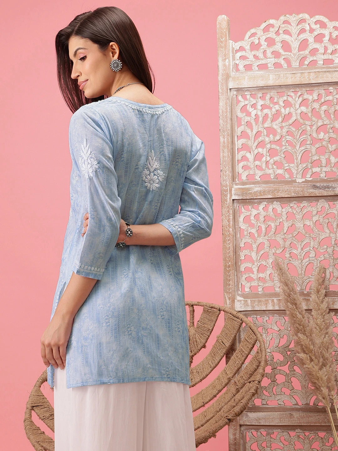 Ada Hand Embroidered Blue Cotton Lucknowi Chikankari Short Kurti A911412