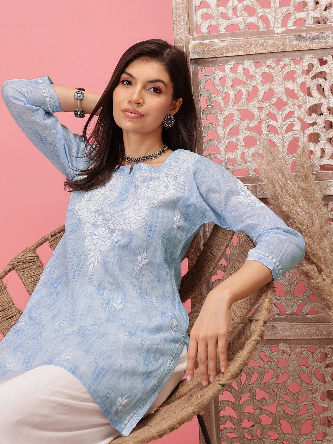 Ada Hand Embroidered Blue Cotton Lucknowi Chikankari Short Kurti A911412