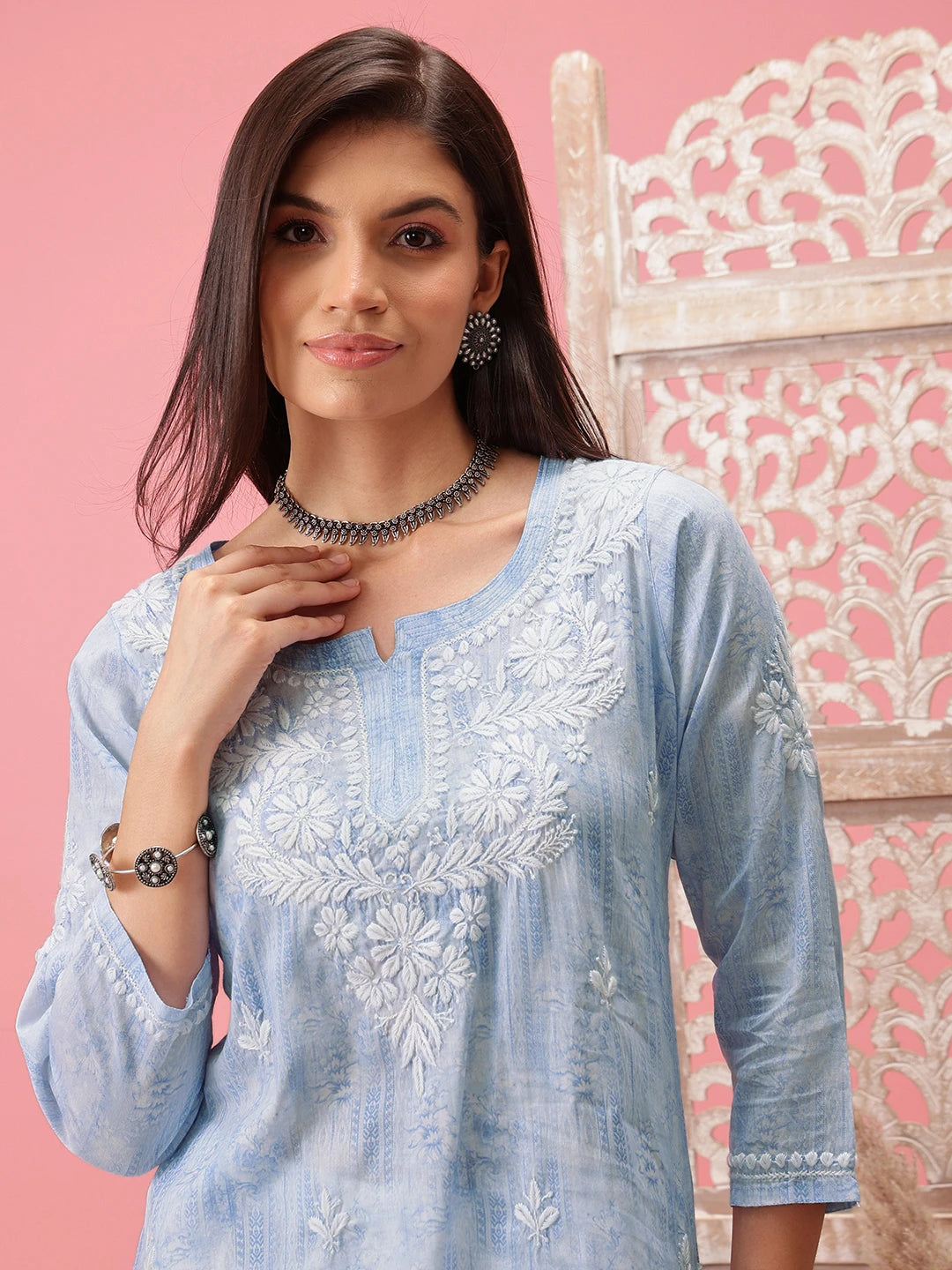 Ada Hand Embroidered Blue Cotton Lucknowi Chikankari Short Kurti A911412