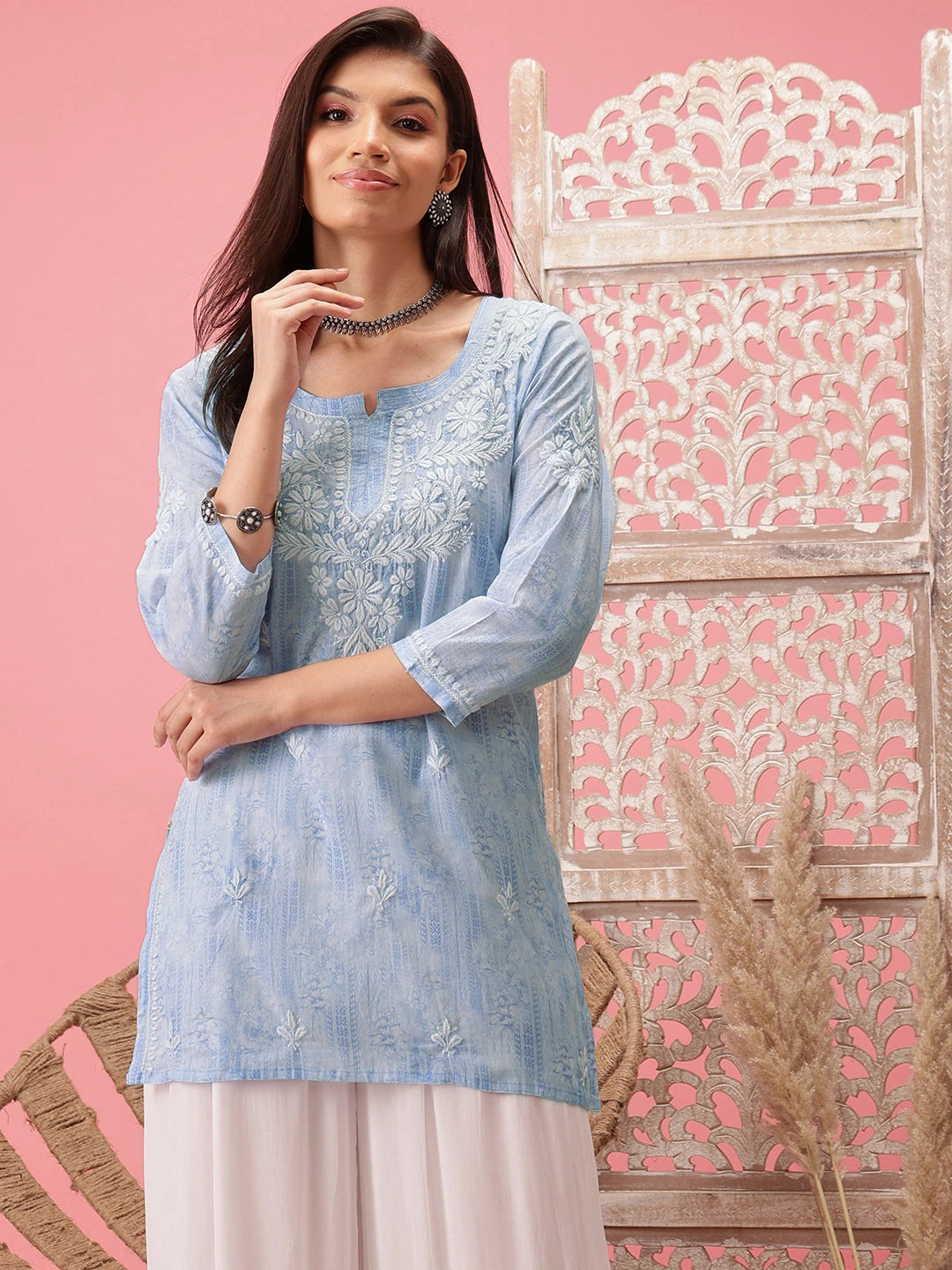 Ada Hand Embroidered Blue Cotton Lucknowi Chikankari Short Kurti A911412