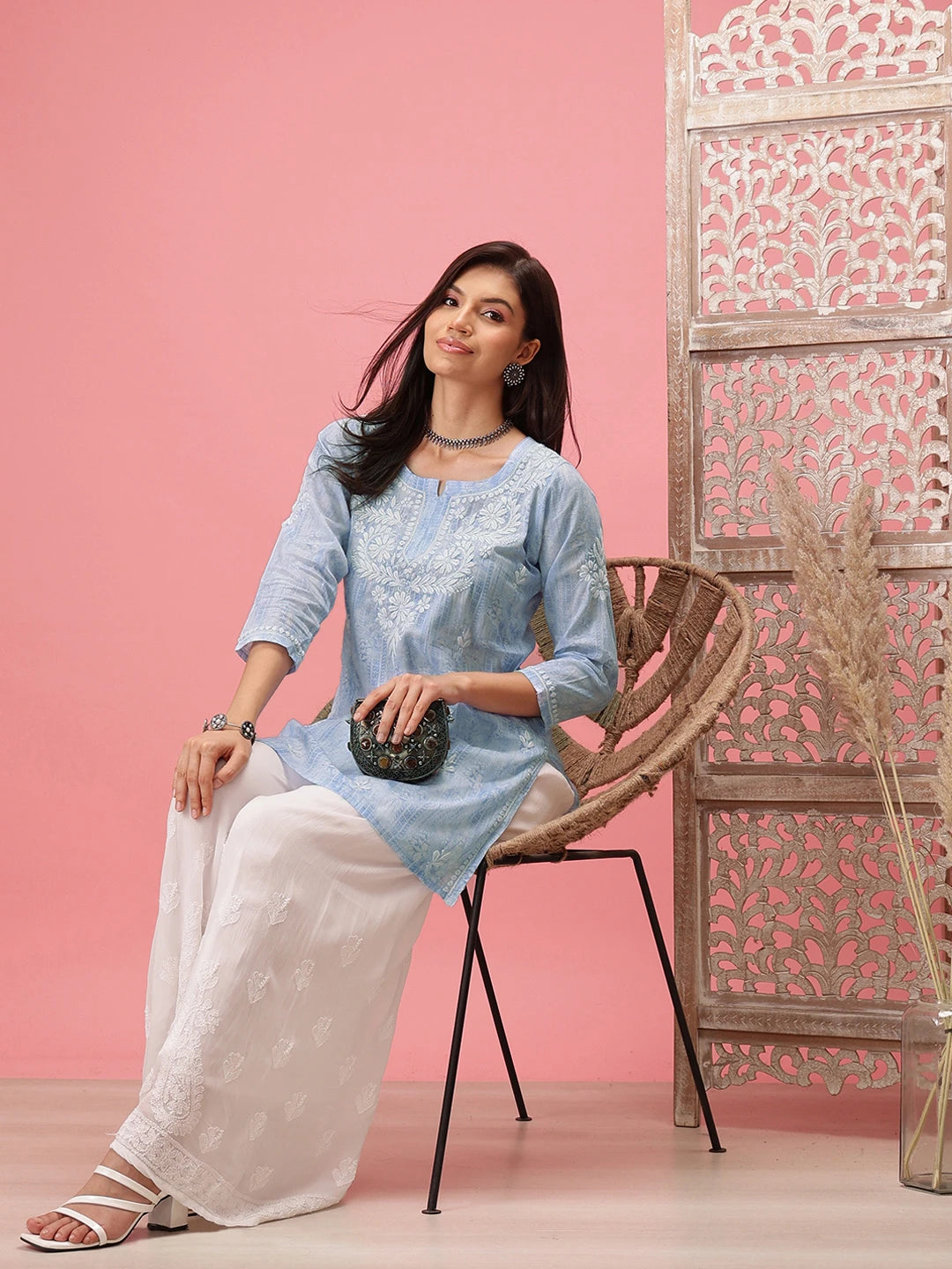Ada Hand Embroidered Blue Cotton Lucknowi Chikankari Short Kurti A911412