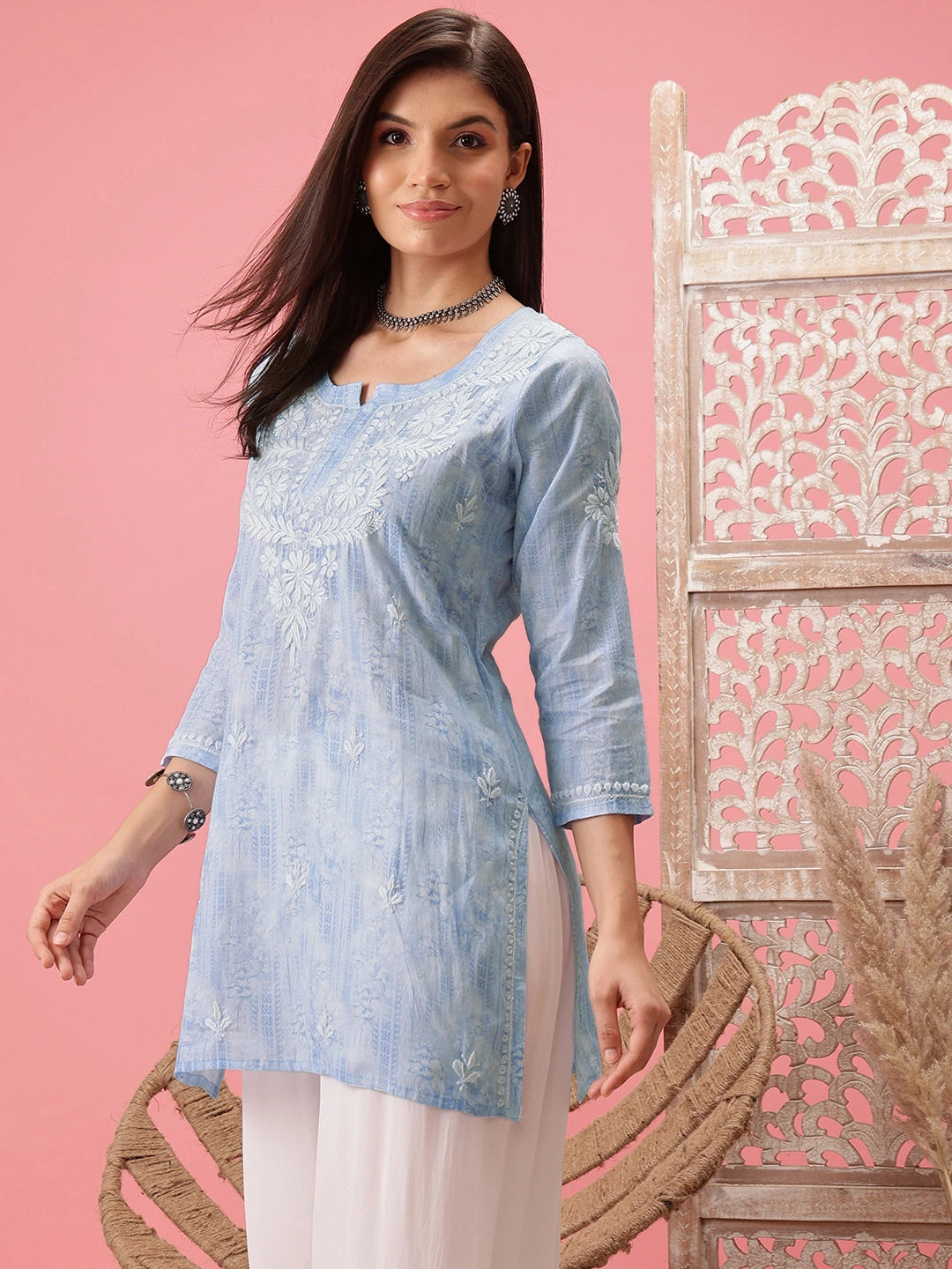 Ada Hand Embroidered Blue Cotton Lucknowi Chikankari Short Kurti A911412