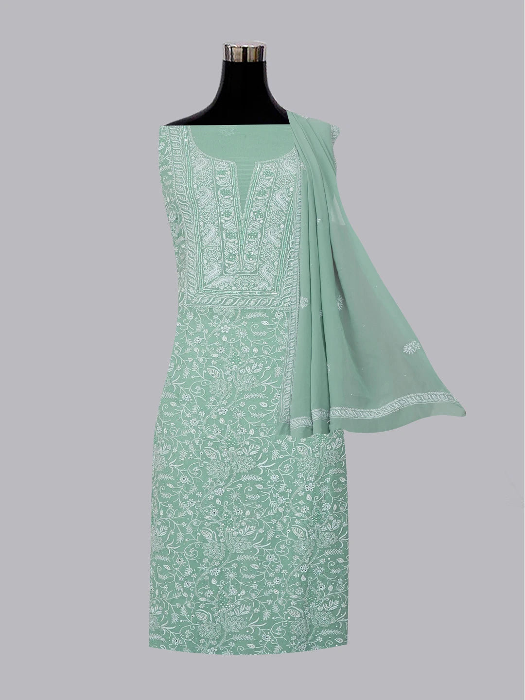 Ada Hand Embroidered Teal Green Pure Georgette Lucknowi Chikankari Unstitched Kurta Dupatta Set With Cutdana and Sequinned Work 01A584993