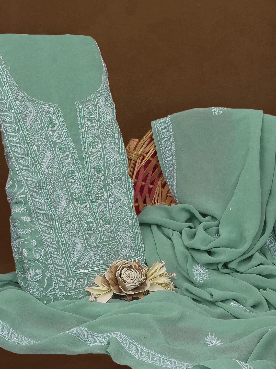Ada Hand Embroidered Teal Green Pure Georgette Lucknowi Chikankari Unstitched Kurta Dupatta Set With Cutdana and Sequinned Work 01A584993