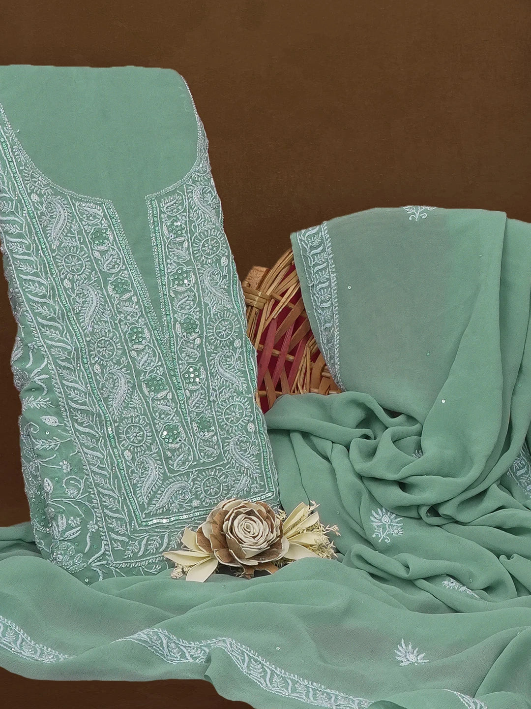 Ada Hand Embroidered Teal Green Pure Georgette Lucknowi Chikankari Unstitched Kurta Dupatta Set With Cutdana and Sequinned Work 01A584993
