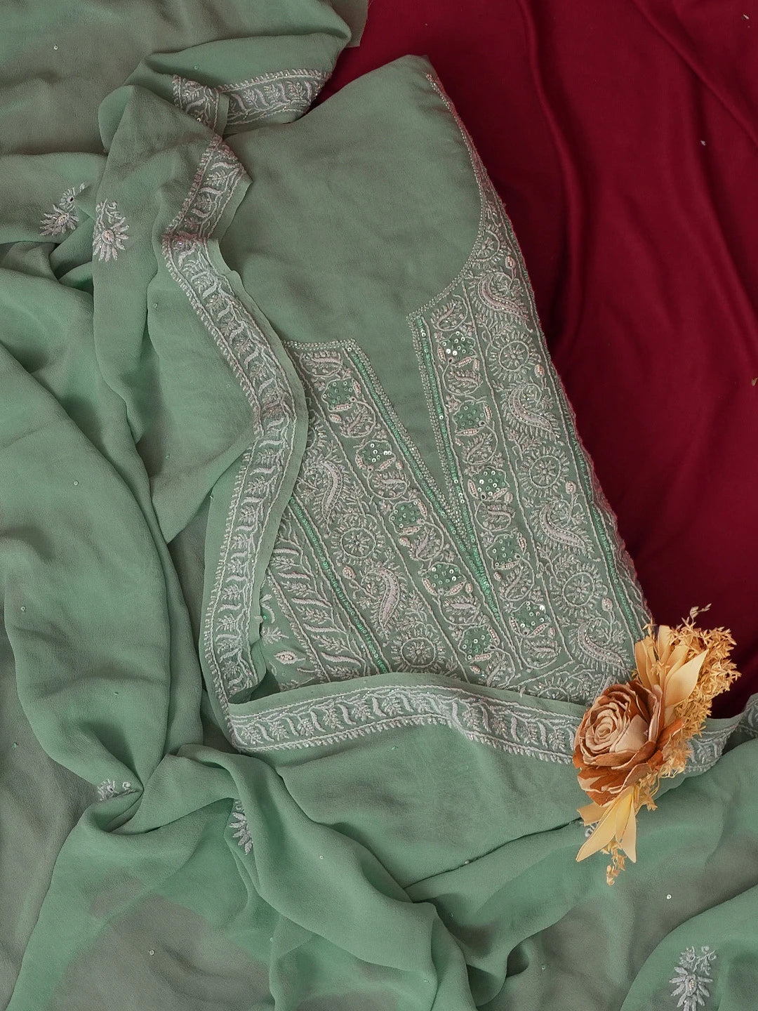 Ada Hand Embroidered Teal Green Pure Georgette Lucknowi Chikankari Unstitched Kurta Dupatta Set With Cutdana and Sequinned Work 01A584993