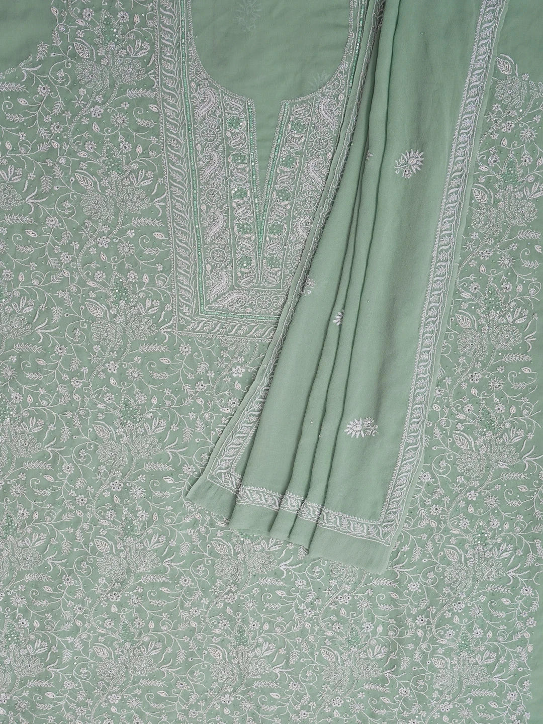 Ada Hand Embroidered Teal Green Pure Georgette Lucknowi Chikankari Unstitched Kurta Dupatta Set With Cutdana and Sequinned Work 01A584993