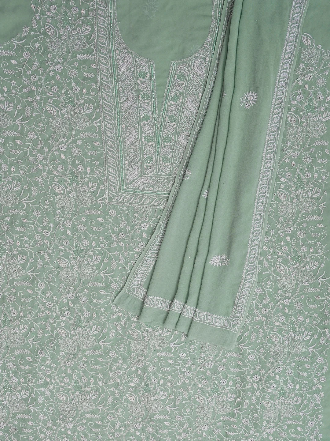 Ada Hand Embroidered Teal Green Pure Georgette Lucknowi Chikankari Unstitched Kurta Dupatta Set With Cutdana and Sequinned Work 01A584993