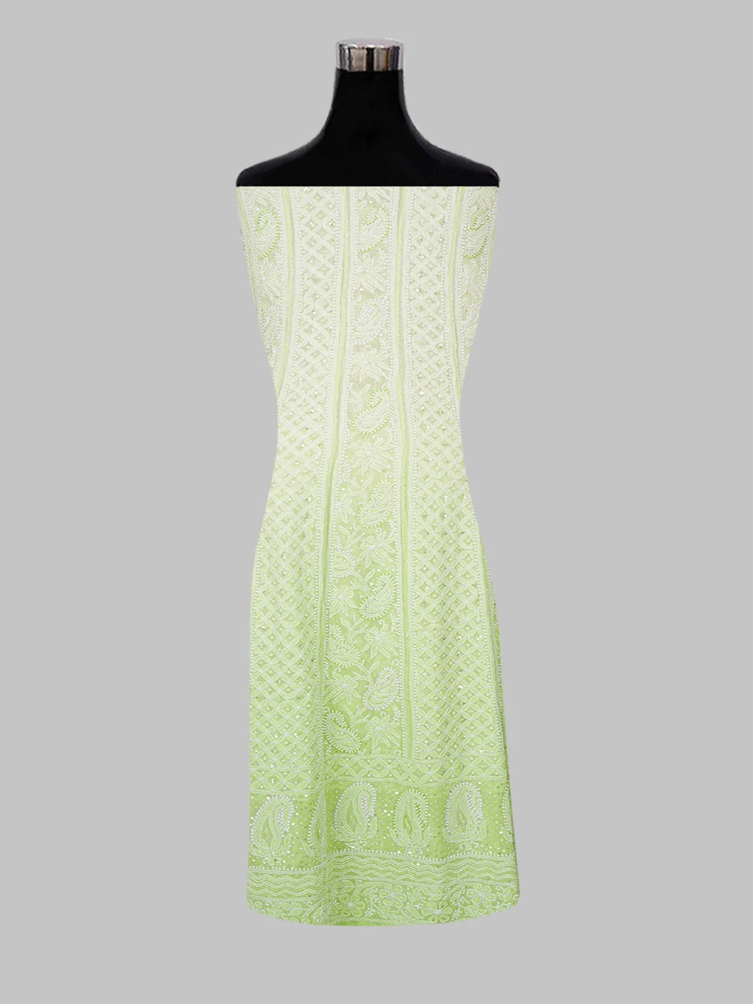 Ada Hand Embroidered Lime Green Pure Georgette Lucknowi Chikankari Semi-Stitched Anarkali Kurta Dupatta Set With Cutdana and Zari Work 01A559260