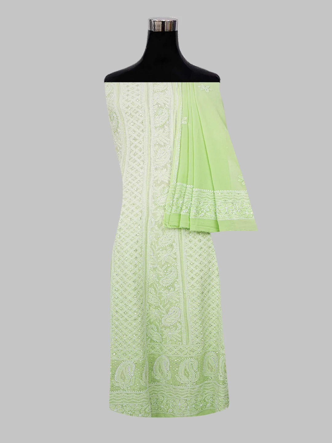 Ada Hand Embroidered Lime Green Pure Georgette Lucknowi Chikankari Semi-Stitched Anarkali Kurta Dupatta Set With Cutdana and Zari Work 01A559260