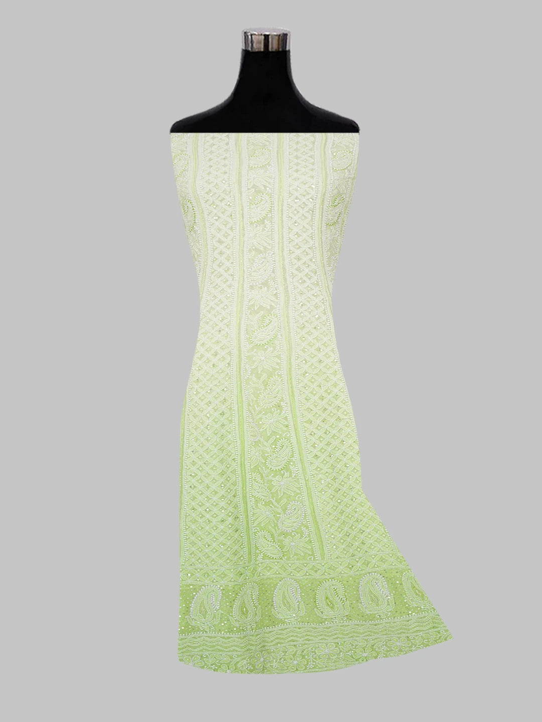 Ada Hand Embroidered Lime Green Pure Georgette Lucknowi Chikankari Semi-Stitched Anarkali Kurta Dupatta Set With Cutdana and Zari Work 01A559260