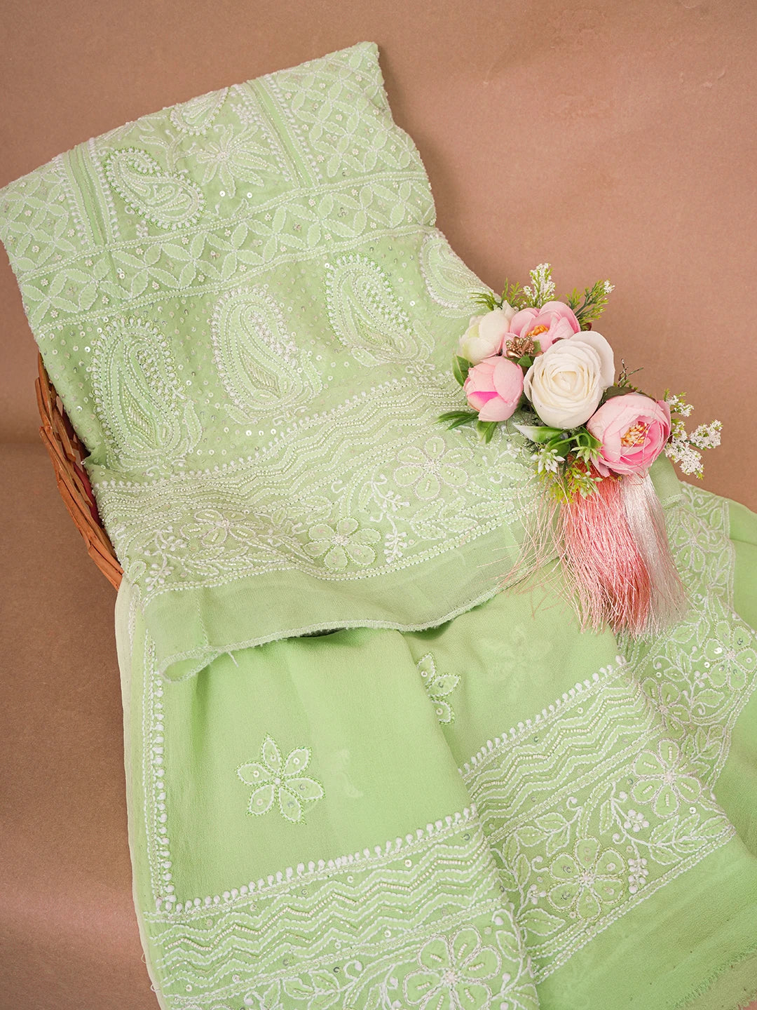 Ada Hand Embroidered Lime Green Pure Georgette Lucknowi Chikankari Semi-Stitched Anarkali Kurta Dupatta Set With Cutdana and Zari Work 01A559260