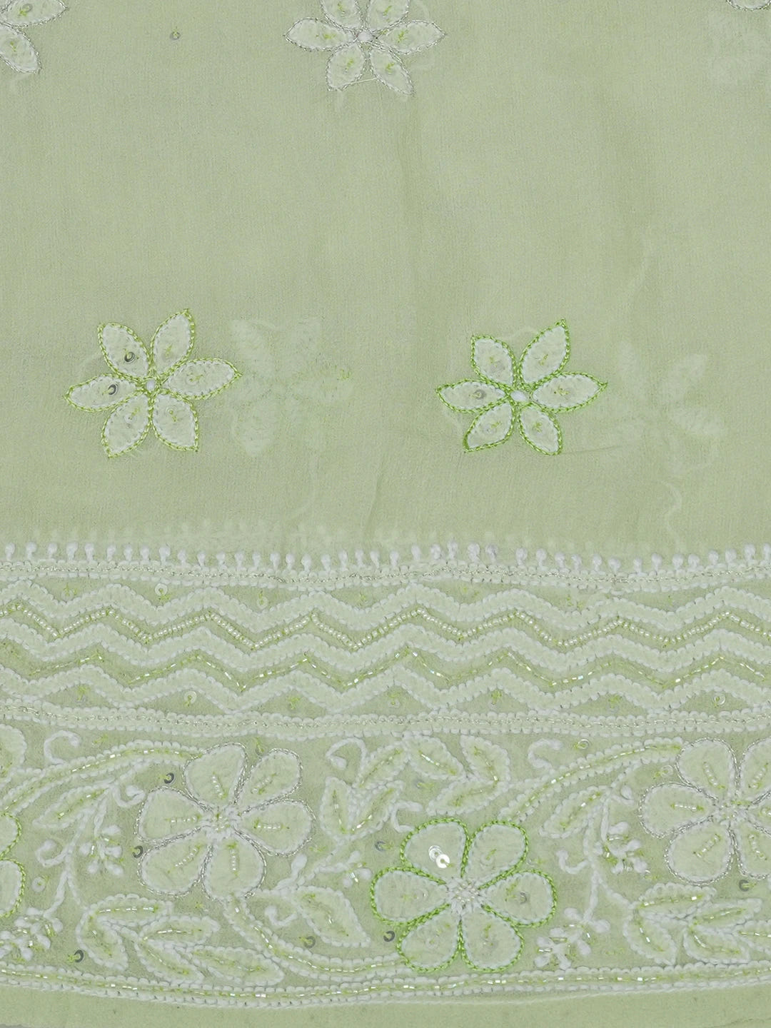 Ada Hand Embroidered Lime Green Pure Georgette Lucknowi Chikankari Semi-Stitched Anarkali Kurta Dupatta Set With Cutdana and Zari Work 01A559260