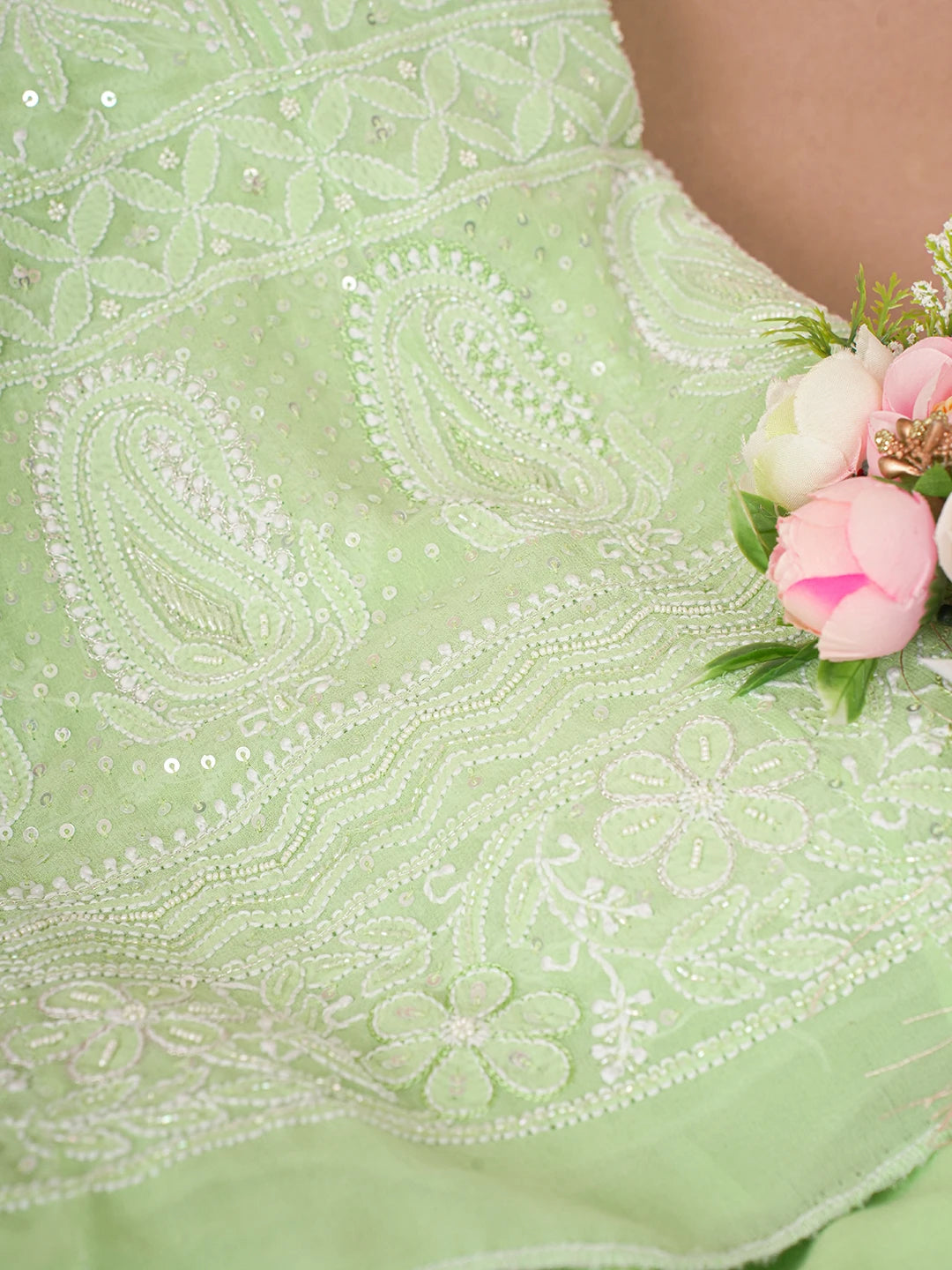 Ada Hand Embroidered Lime Green Pure Georgette Lucknowi Chikankari Semi-Stitched Anarkali Kurta Dupatta Set With Cutdana and Zari Work 01A559260