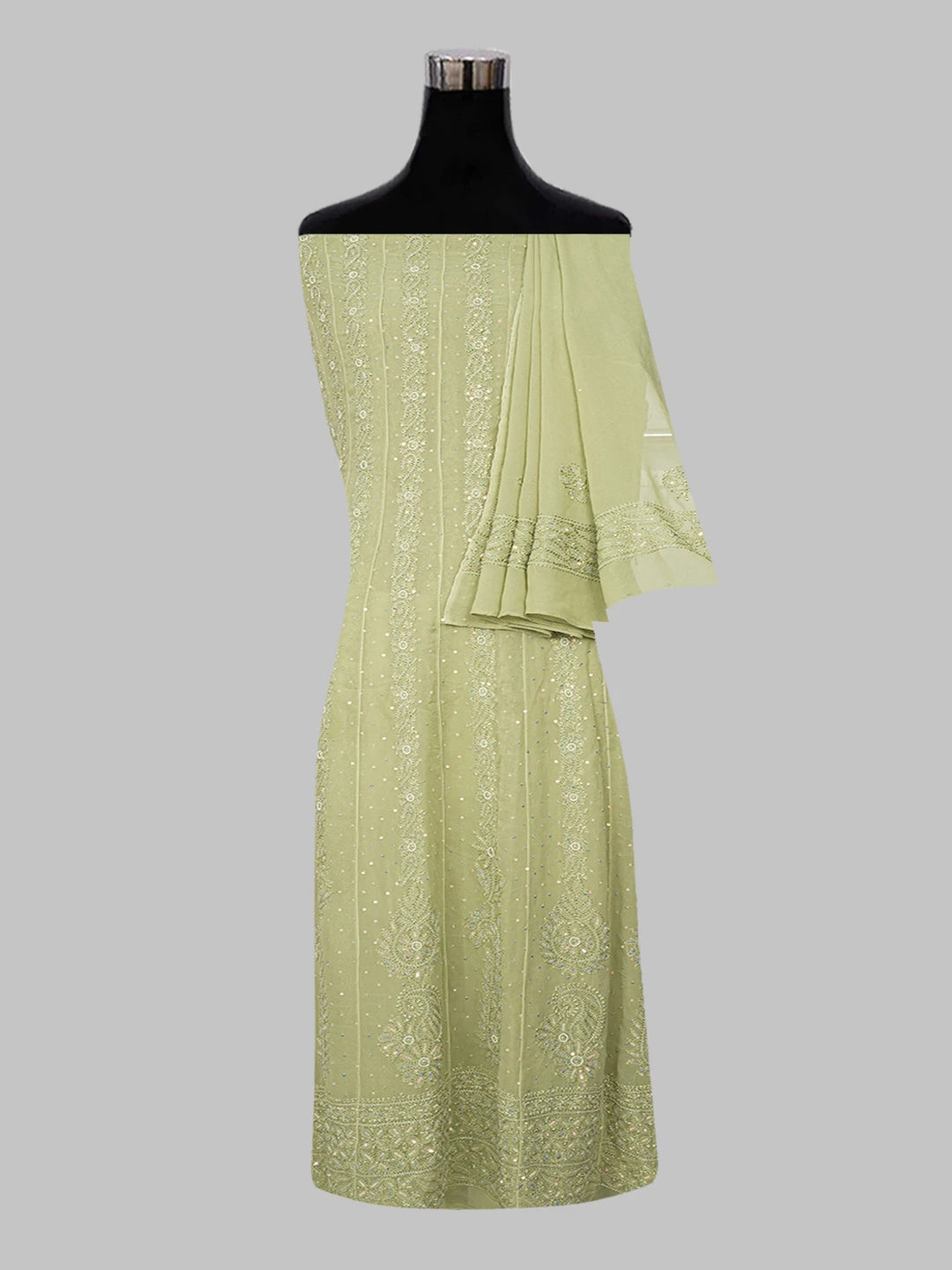 Ada Hand Embroidered Mehandi Green Viscose Georgette Lucknowi Chikankari Semi-Stitched Anarkali Kurta Dupatta Set With Cutdana and Pearl Work 01A601129