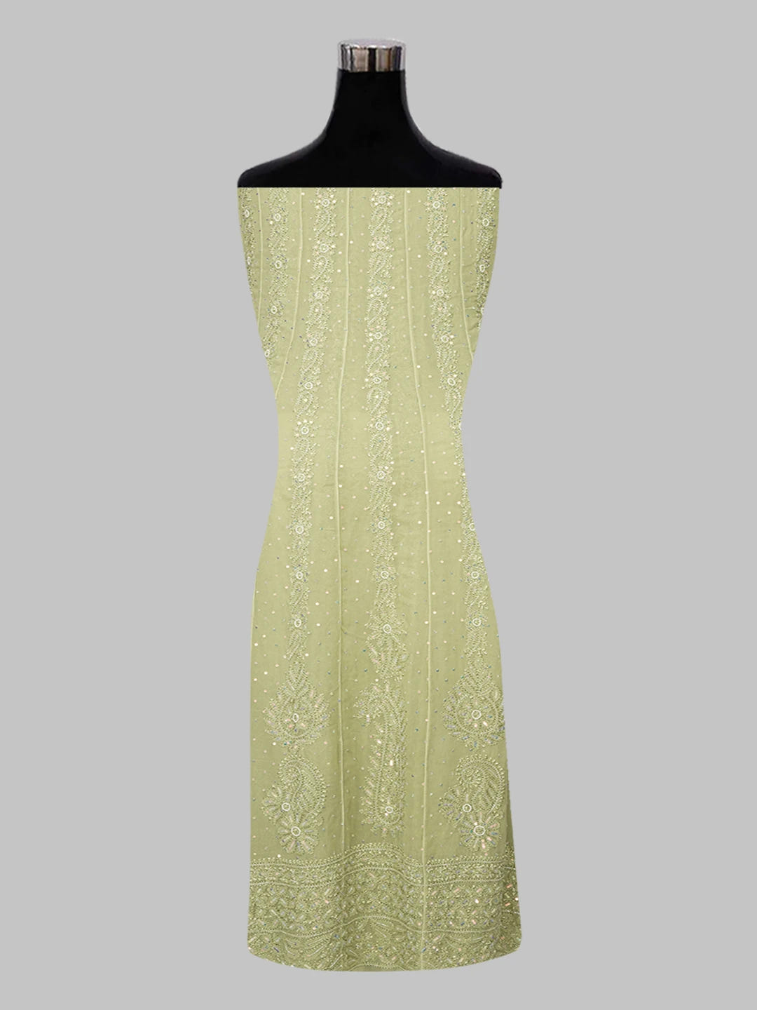 Ada Hand Embroidered Mehandi Green Viscose Georgette Lucknowi Chikankari Semi-Stitched Anarkali Kurta Dupatta Set With Cutdana and Pearl Work 01A601129