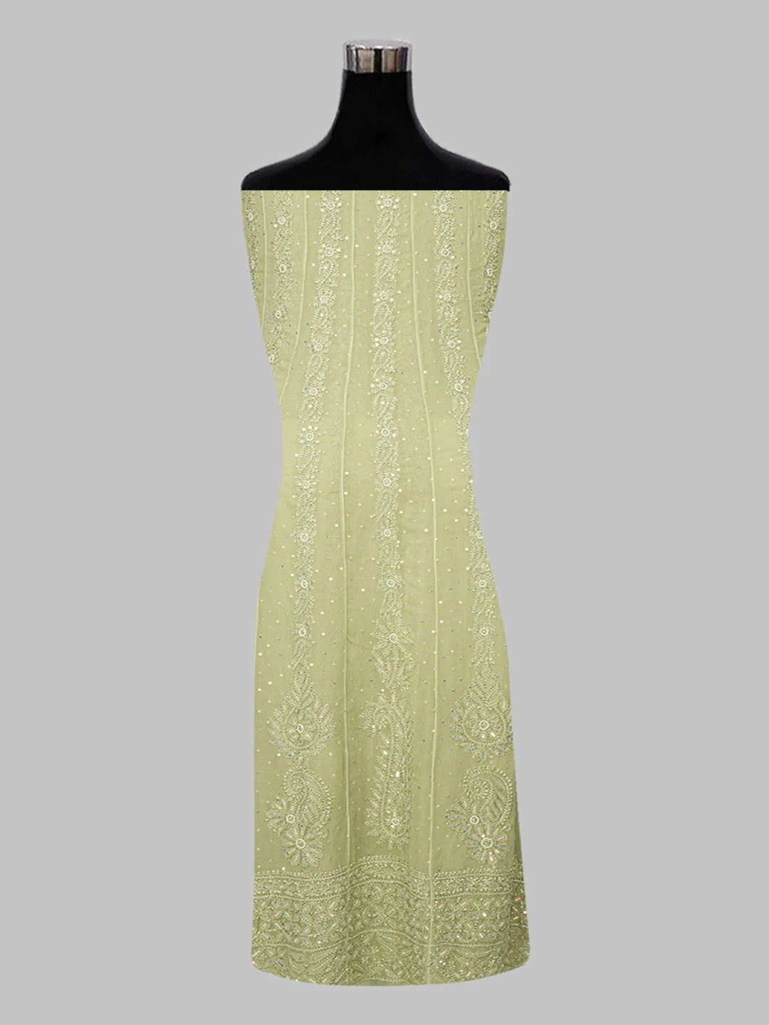 Ada Hand Embroidered Mehandi Green Viscose Georgette Lucknowi Chikankari Semi-Stitched Anarkali Kurta Dupatta Set With Cutdana and Pearl Work 01A601129