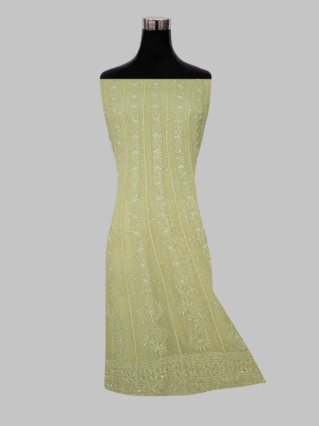 Ada Hand Embroidered Mehandi Green Viscose Georgette Lucknowi Chikankari Semi-Stitched Anarkali Kurta Dupatta Set With Cutdana and Pearl Work 01A601129