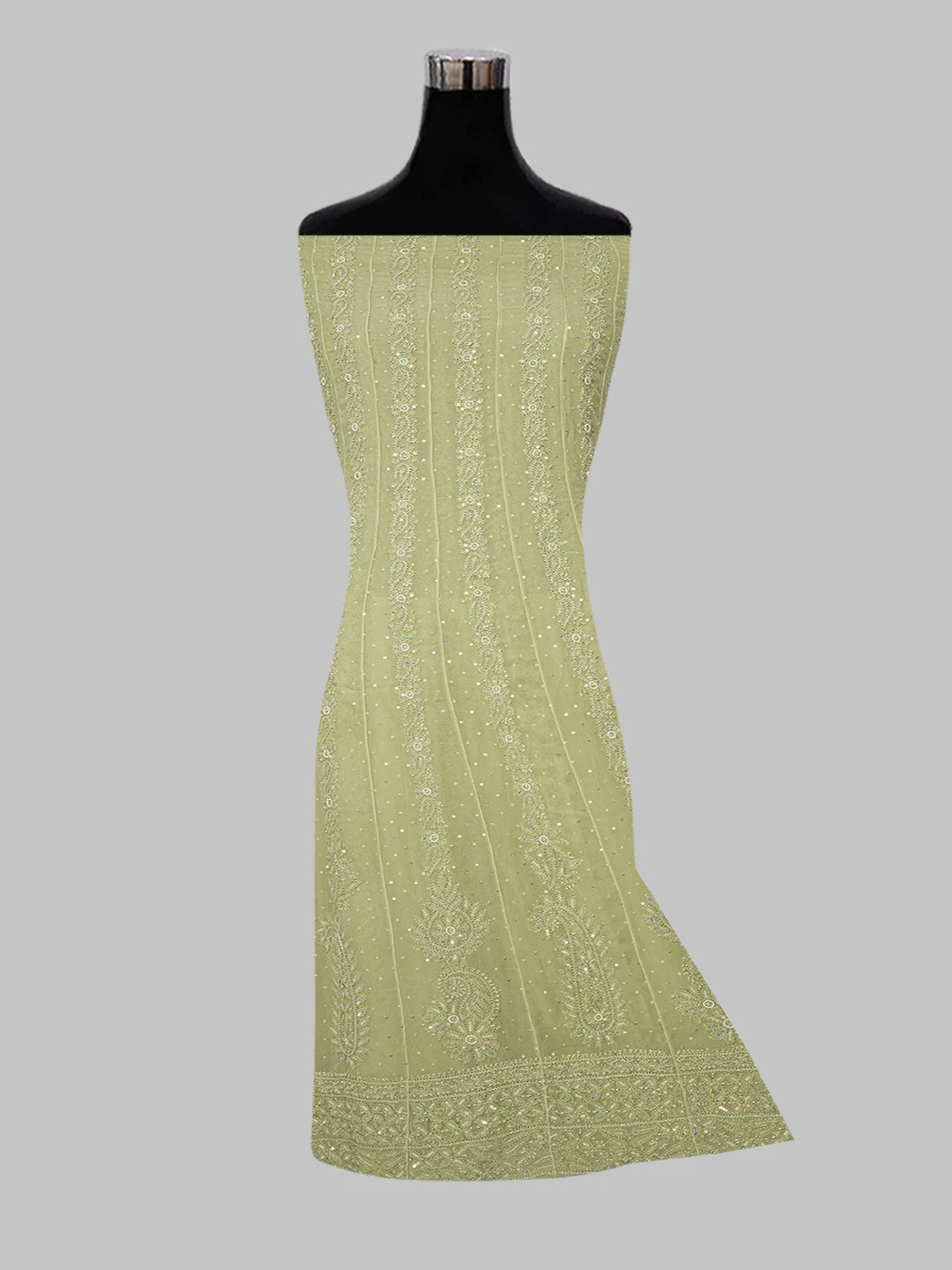 Ada Hand Embroidered Mehandi Green Viscose Georgette Lucknowi Chikankari Semi-Stitched Anarkali Kurta Dupatta Set With Cutdana and Pearl Work 01A601129