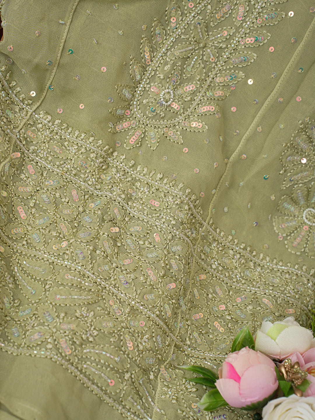 Ada Hand Embroidered Mehandi Green Viscose Georgette Lucknowi Chikankari Semi-Stitched Anarkali Kurta Dupatta Set With Cutdana and Pearl Work 01A601129