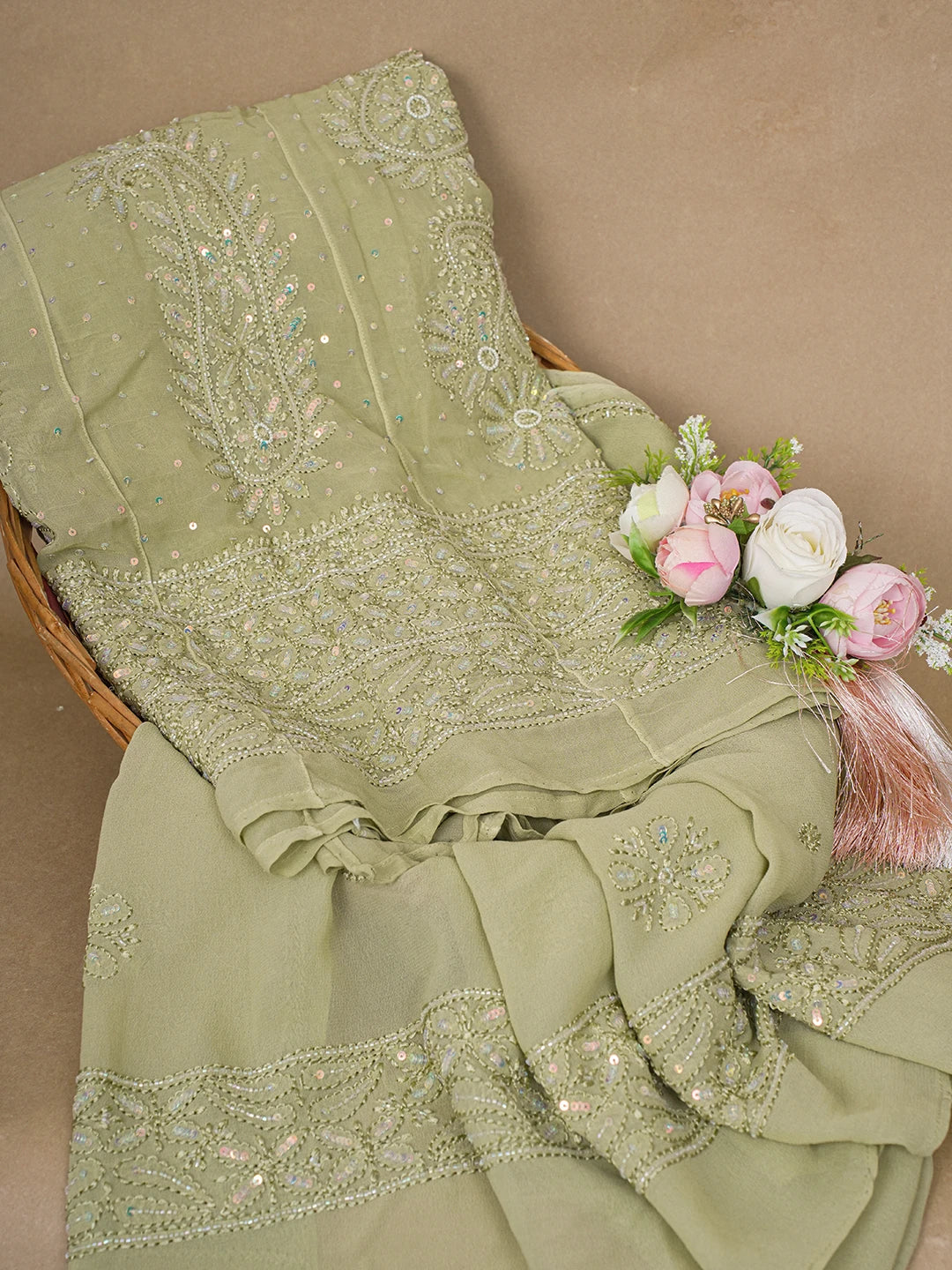 Ada Hand Embroidered Mehandi Green Viscose Georgette Lucknowi Chikankari Semi-Stitched Anarkali Kurta Dupatta Set With Cutdana and Pearl Work 01A601129