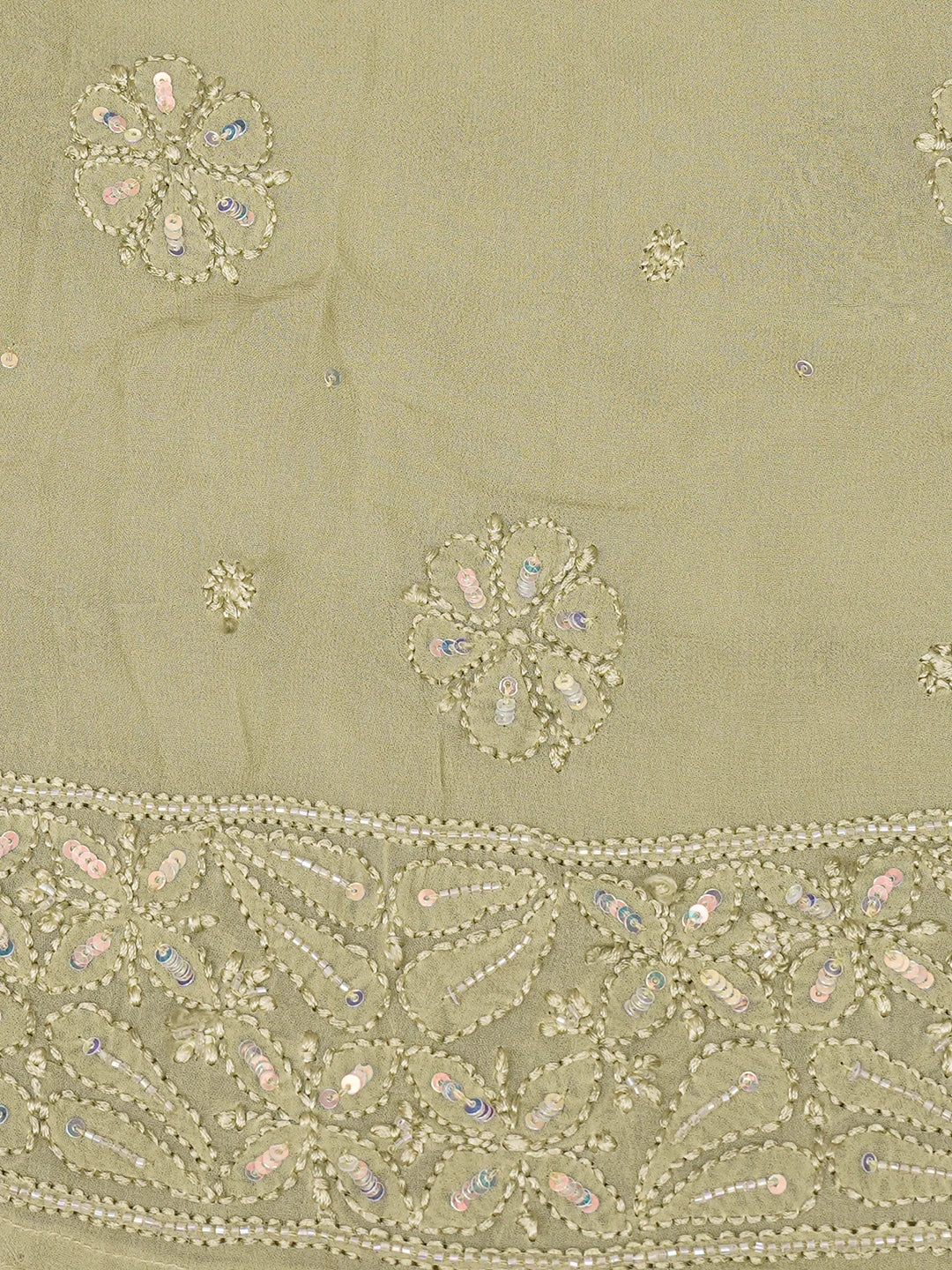 Ada Hand Embroidered Mehandi Green Viscose Georgette Lucknowi Chikankari Semi-Stitched Anarkali Kurta Dupatta Set With Cutdana and Pearl Work 01A601129