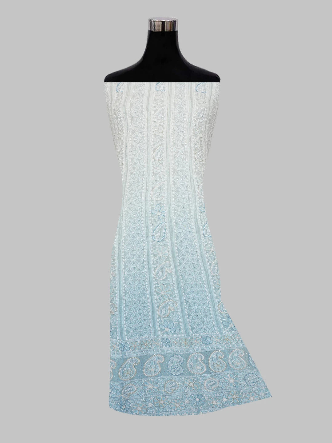 Ada Hand Embroidered Sky Blue Pure Georgette Lucknowi Chikankari Semi-Stitched Anarkali Kurta Dupatta Set With Cutdana and Pearl Work 01A569093