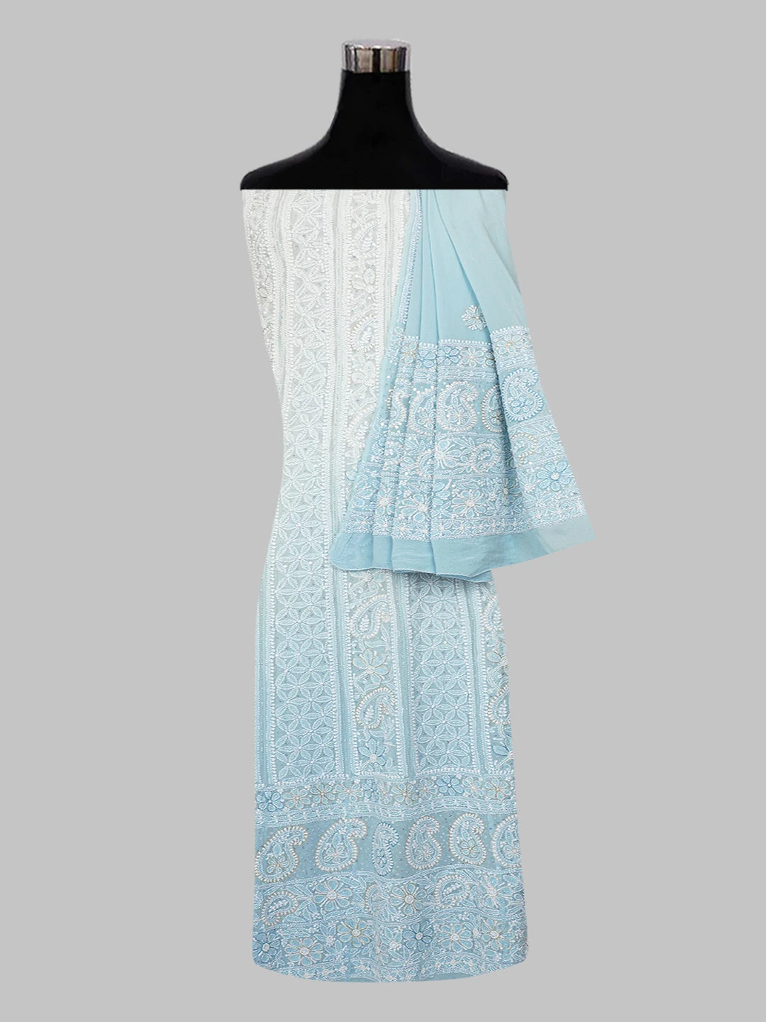 Ada Hand Embroidered Sky Blue Pure Georgette Lucknowi Chikankari Semi-Stitched Anarkali Kurta Dupatta Set With Cutdana and Pearl Work 01A569093