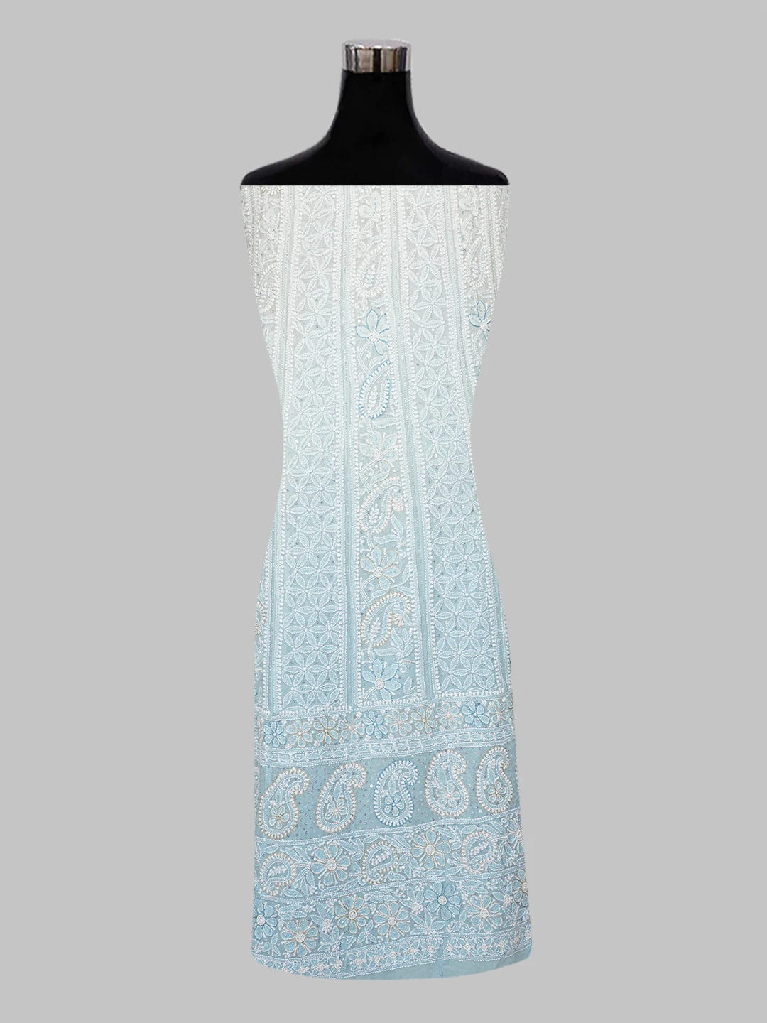 Ada Hand Embroidered Sky Blue Pure Georgette Lucknowi Chikankari Semi-Stitched Anarkali Kurta Dupatta Set With Cutdana and Pearl Work 01A569093