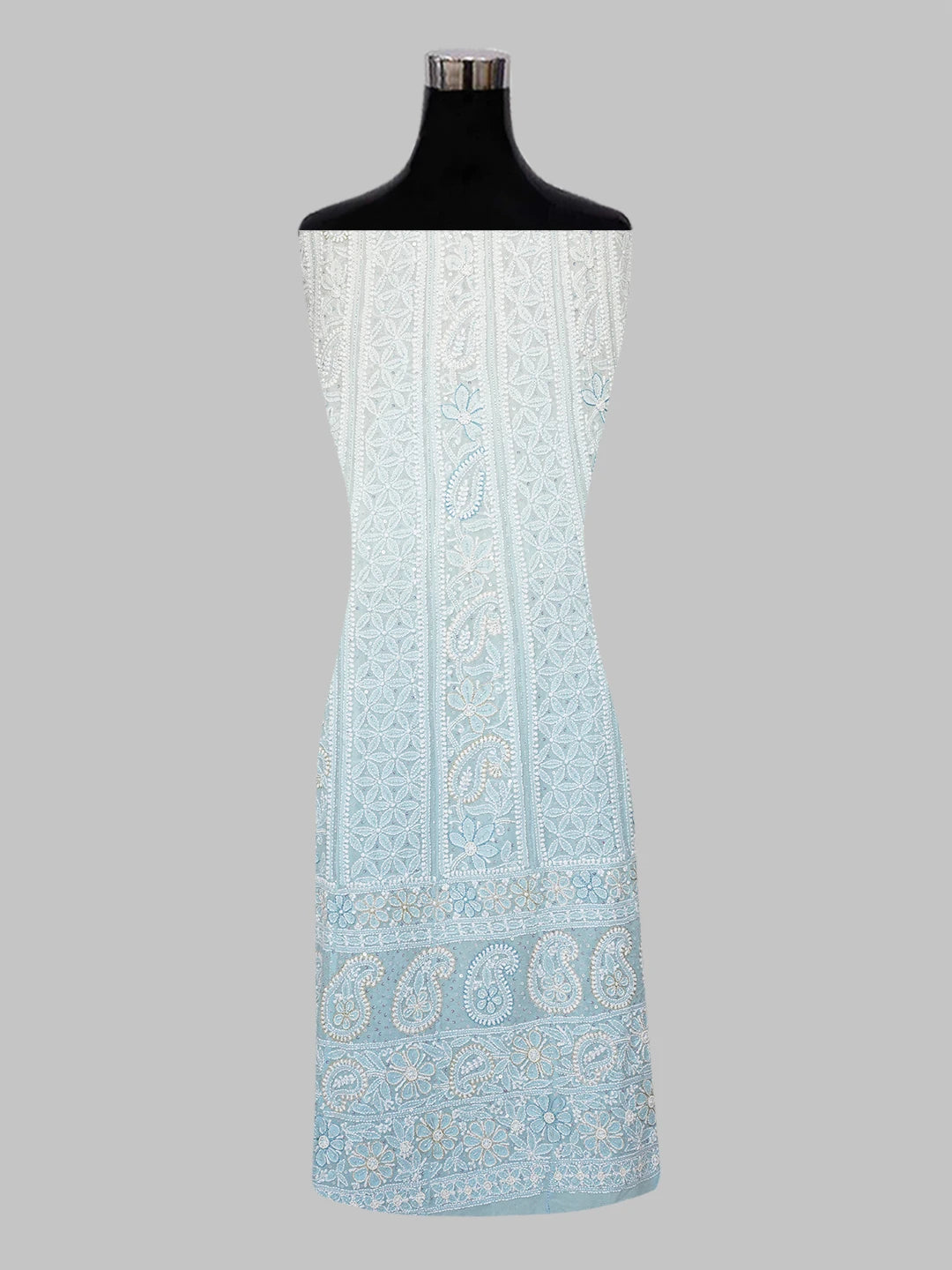 Ada Hand Embroidered Sky Blue Pure Georgette Lucknowi Chikankari Semi-Stitched Anarkali Kurta Dupatta Set With Cutdana and Pearl Work 01A569093
