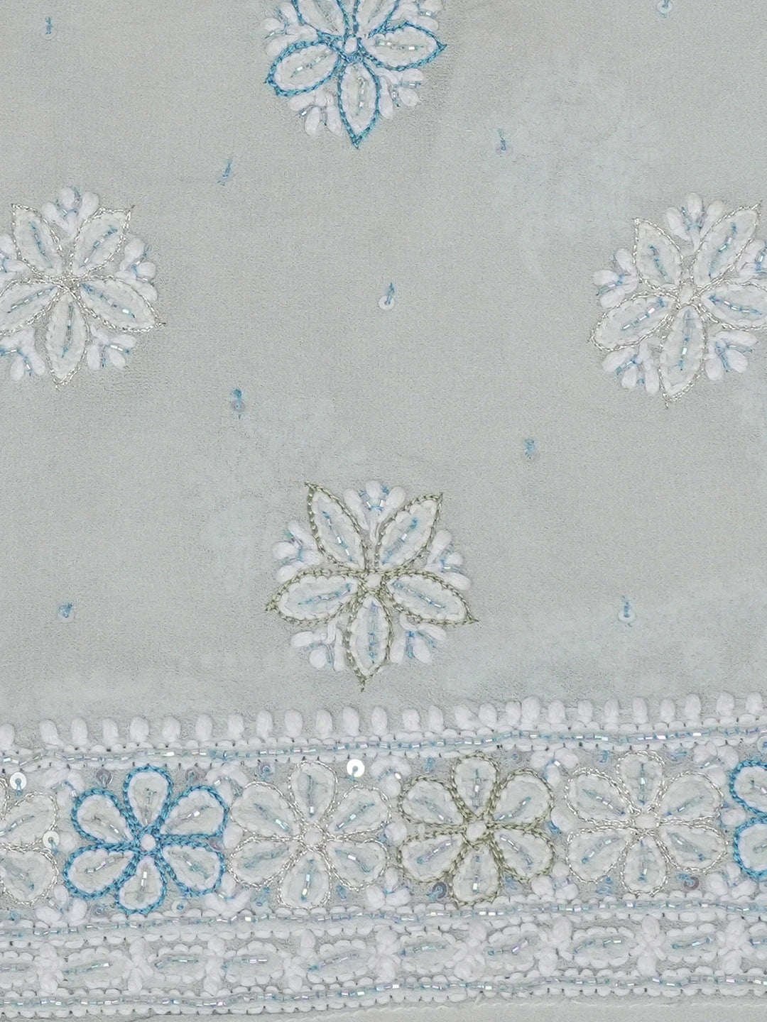 Ada Hand Embroidered Sky Blue Pure Georgette Lucknowi Chikankari Semi-Stitched Anarkali Kurta Dupatta Set With Cutdana and Pearl Work 01A569093
