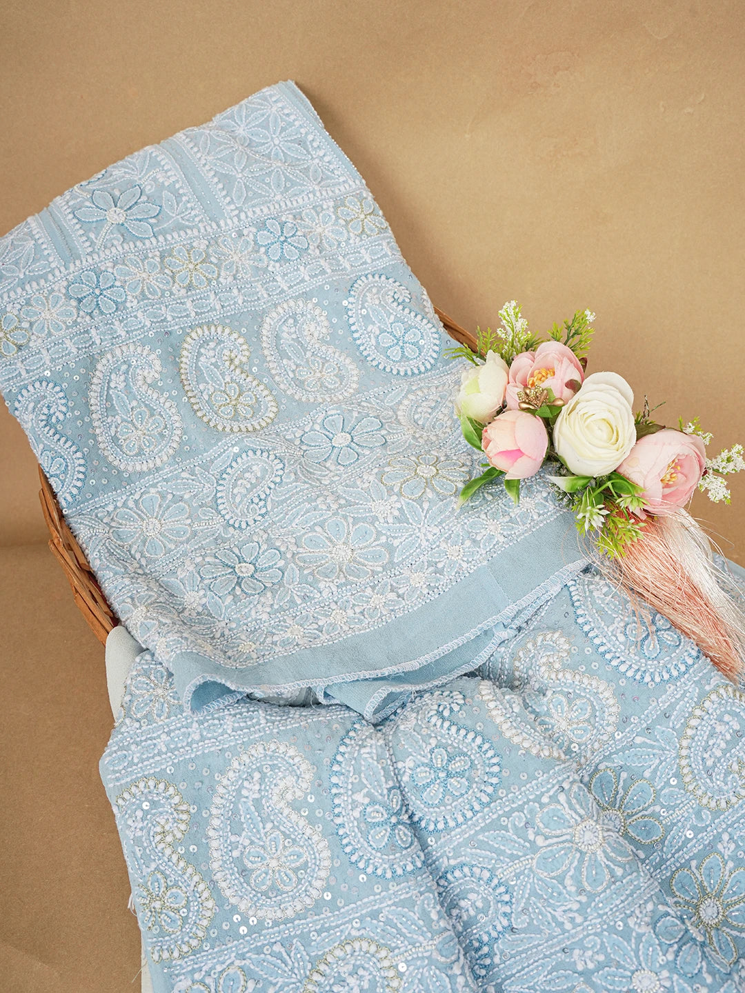 Ada Hand Embroidered Sky Blue Pure Georgette Lucknowi Chikankari Semi-Stitched Anarkali Kurta Dupatta Set With Cutdana and Pearl Work 01A569093