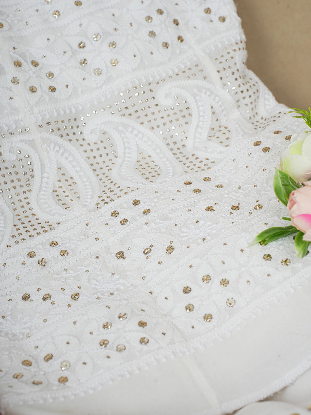 Ada Hand Embroidered Off White Pure Georgette Lucknowi Chikankari Semi-Stitched Anarkali Kurta Dupatta Set With Muqaish Work 01A342085