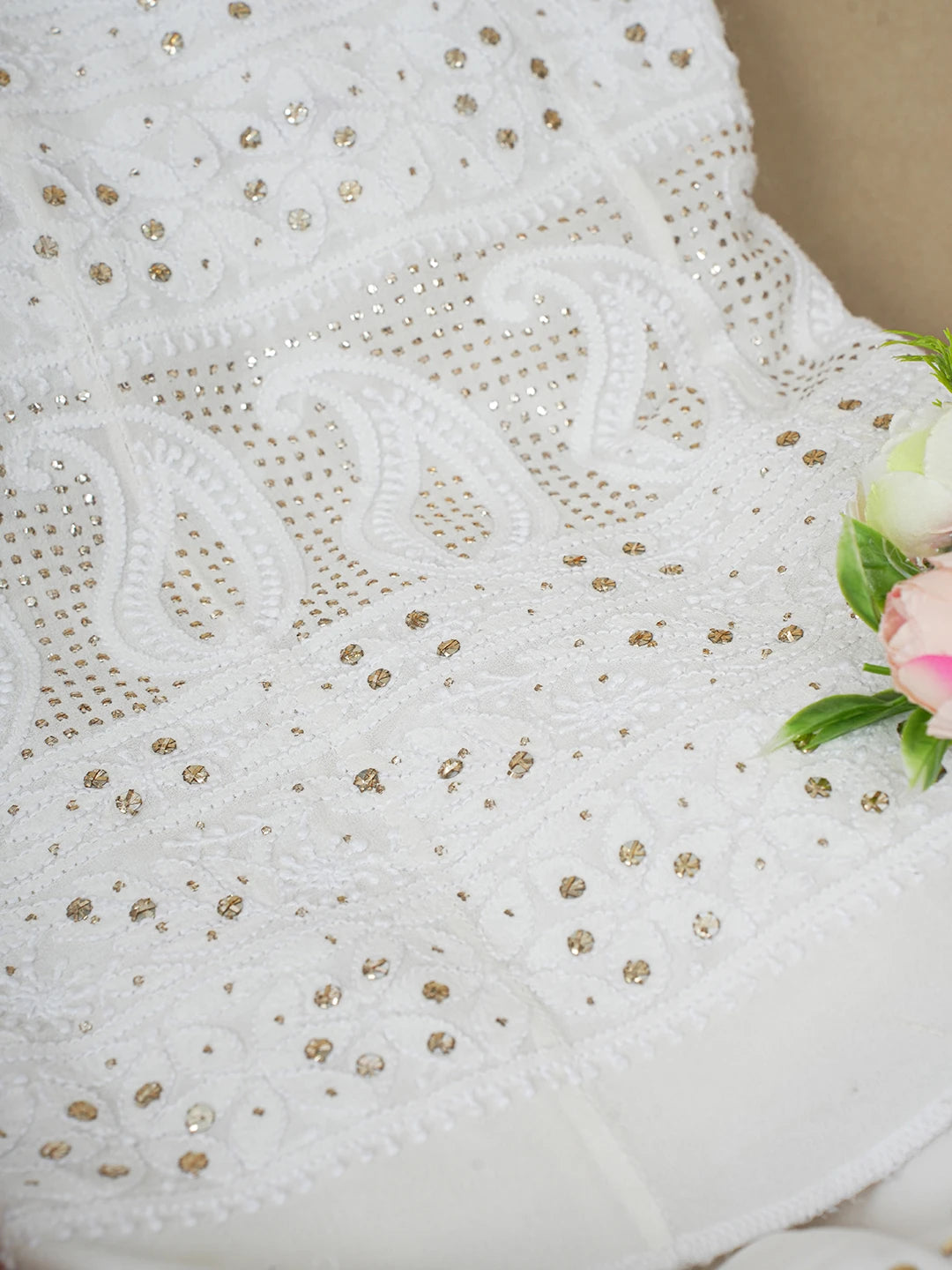 Ada Hand Embroidered Off White Pure Georgette Lucknowi Chikankari Semi-Stitched Anarkali Kurta Dupatta Set With Muqaish Work 01A342085