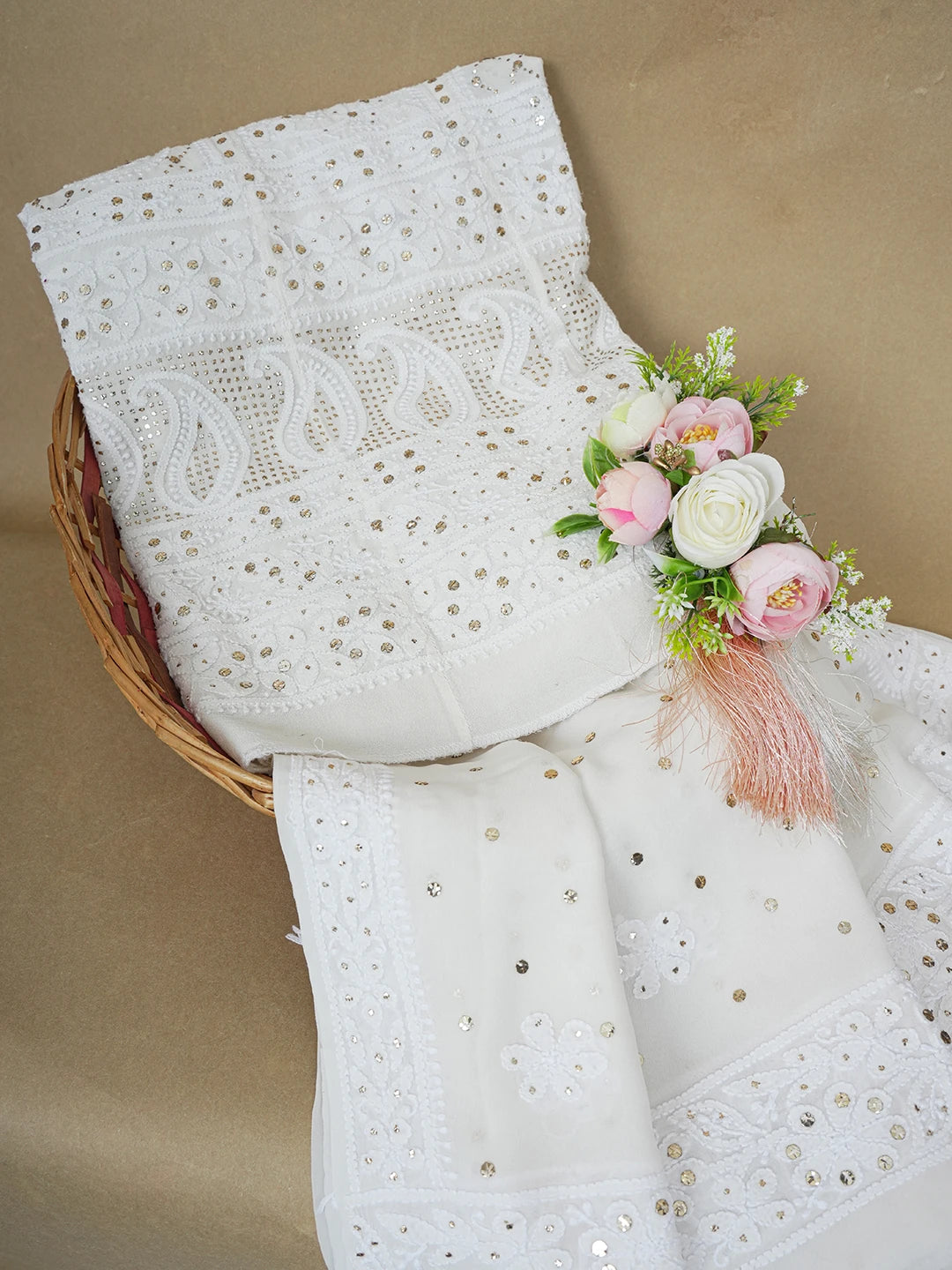 Ada Hand Embroidered Off White Pure Georgette Lucknowi Chikankari Semi-Stitched Anarkali Kurta Dupatta Set With Muqaish Work 01A342085
