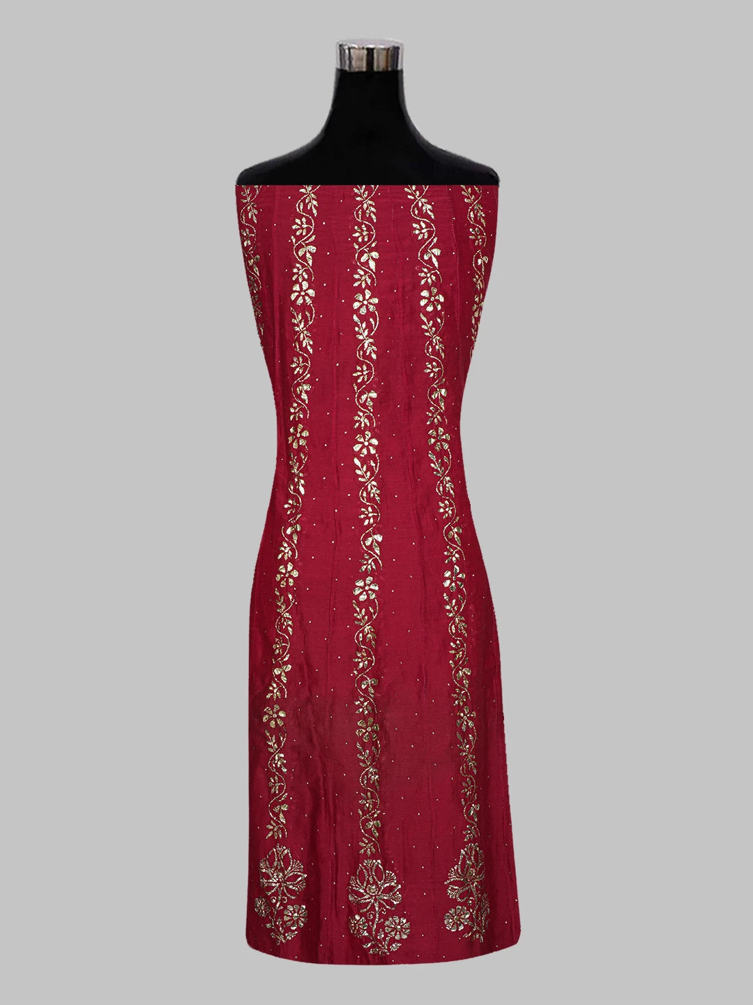 Ada Maroon Chanderi Lucknowi Chikankari Semi Stitched Anarkali Kurta Dupatta Set with Mukaish/Muqaish Work 01A301698