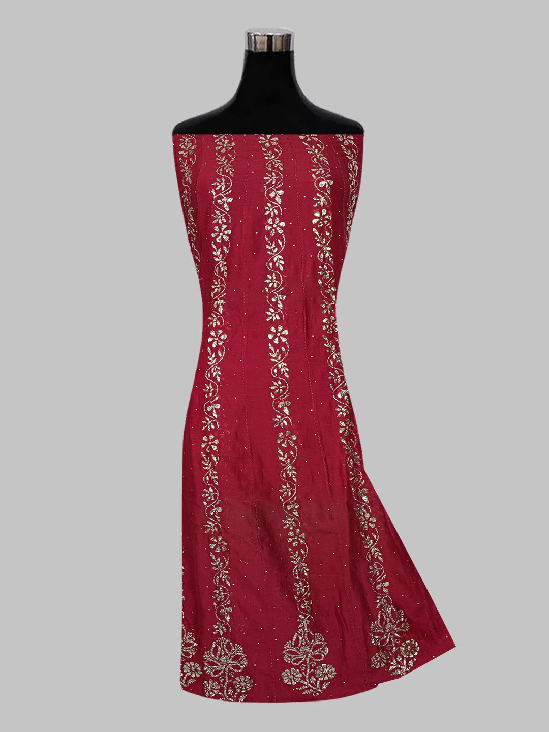 Ada Maroon Chanderi Lucknowi Chikankari Semi Stitched Anarkali Kurta Dupatta Set with Mukaish/Muqaish Work 01A301698