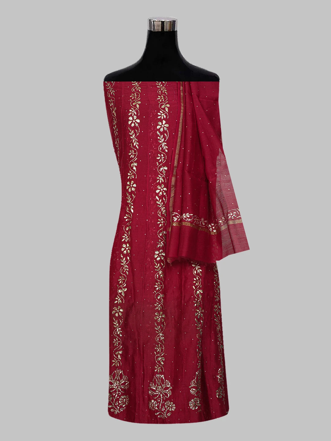 Ada Maroon Chanderi Lucknowi Chikankari Semi Stitched Anarkali Kurta Dupatta Set with Mukaish/Muqaish Work 01A301698