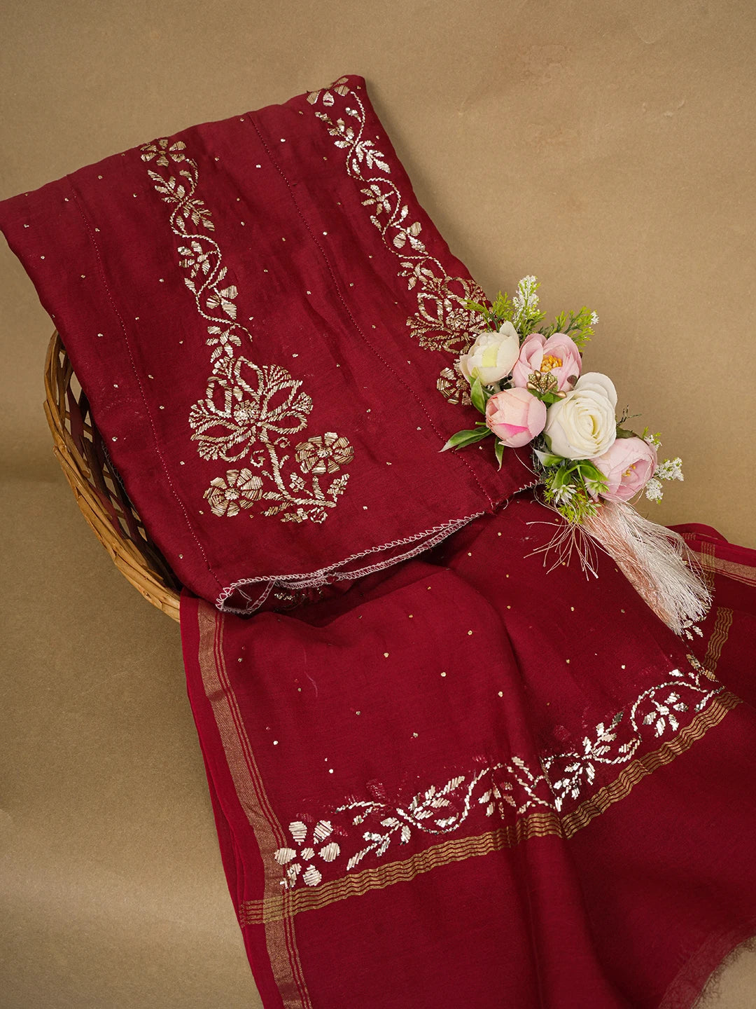 Ada Maroon Chanderi Lucknowi Chikankari Semi Stitched Anarkali Kurta Dupatta Set with Mukaish/Muqaish Work 01A301698