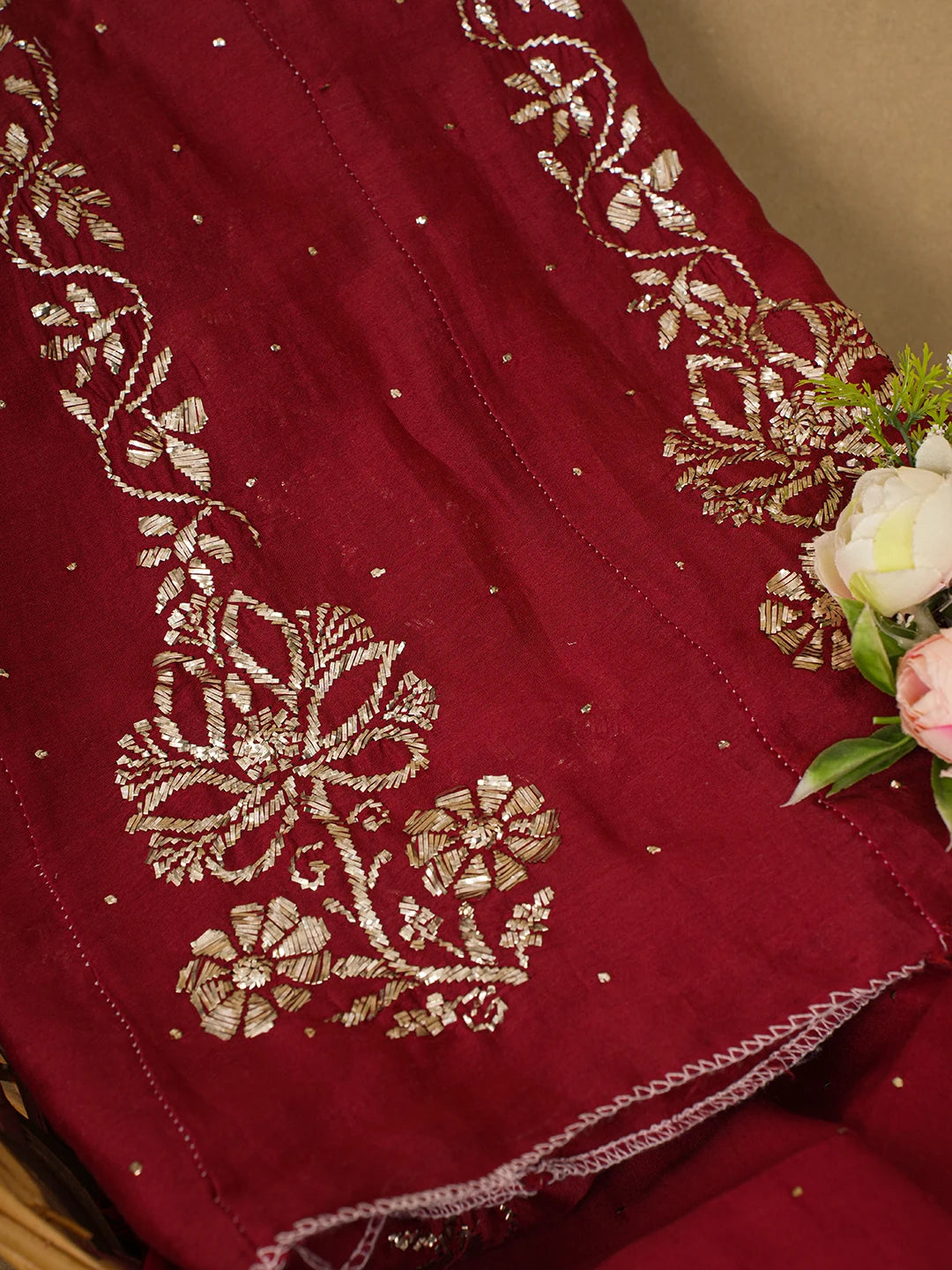 Ada Maroon Chanderi Lucknowi Chikankari Semi Stitched Anarkali Kurta Dupatta Set with Mukaish/Muqaish Work 01A301698