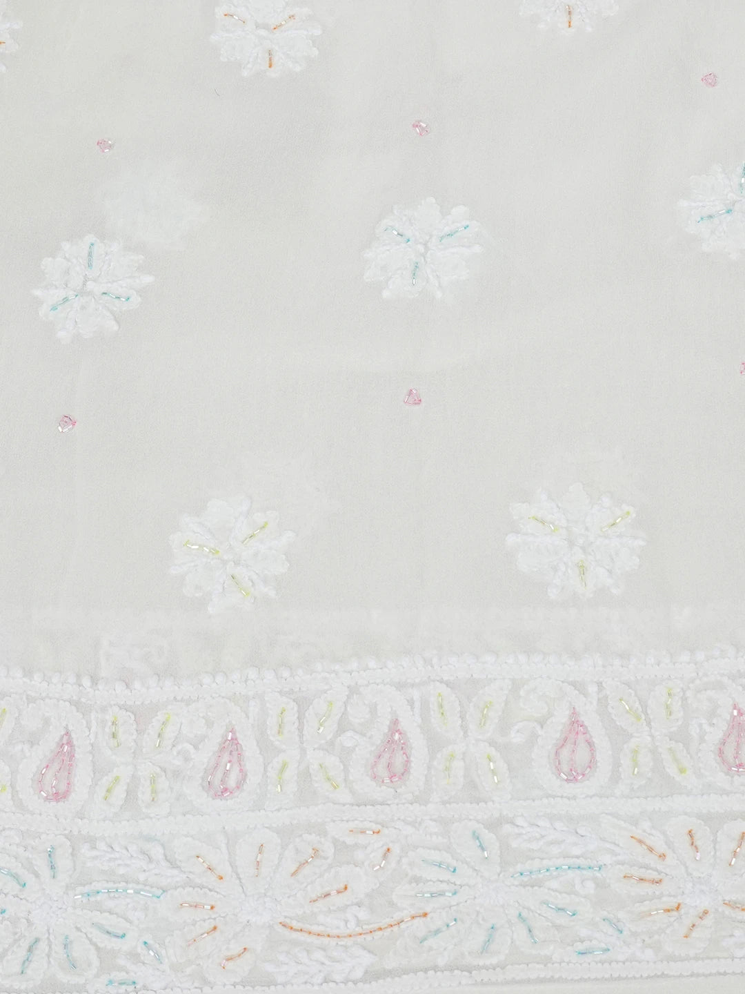 Ada Hand Embroidered White Pure Georgette Lucknowi Chikankari Semi-Stitched Anarkali Kurta Dupatta Set With Cutdana Work 01A613800