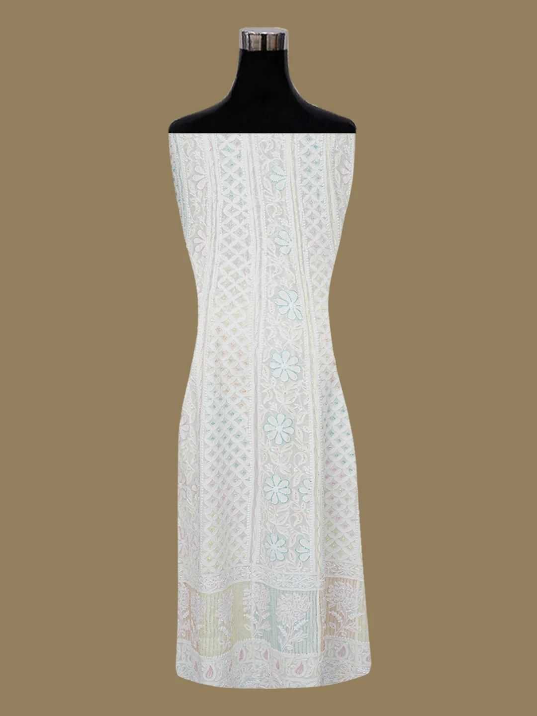 Ada Hand Embroidered White Pure Georgette Lucknowi Chikankari Semi-Stitched Anarkali Kurta Dupatta Set With Cutdana Work 01A613800