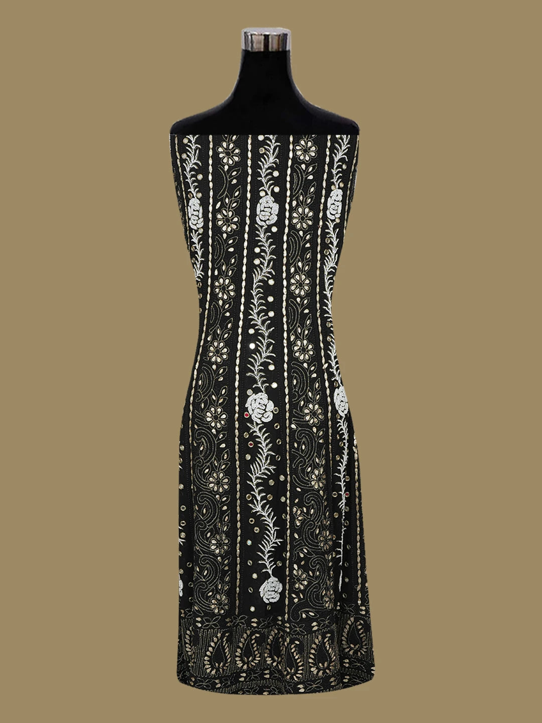 Ada Hand Embroidered Black Viscose Georgette Lucknowi Chikankari Semi-Stitched Anarkali Kurta Dupatta Set With Mirror and Pearl Work 01A487049