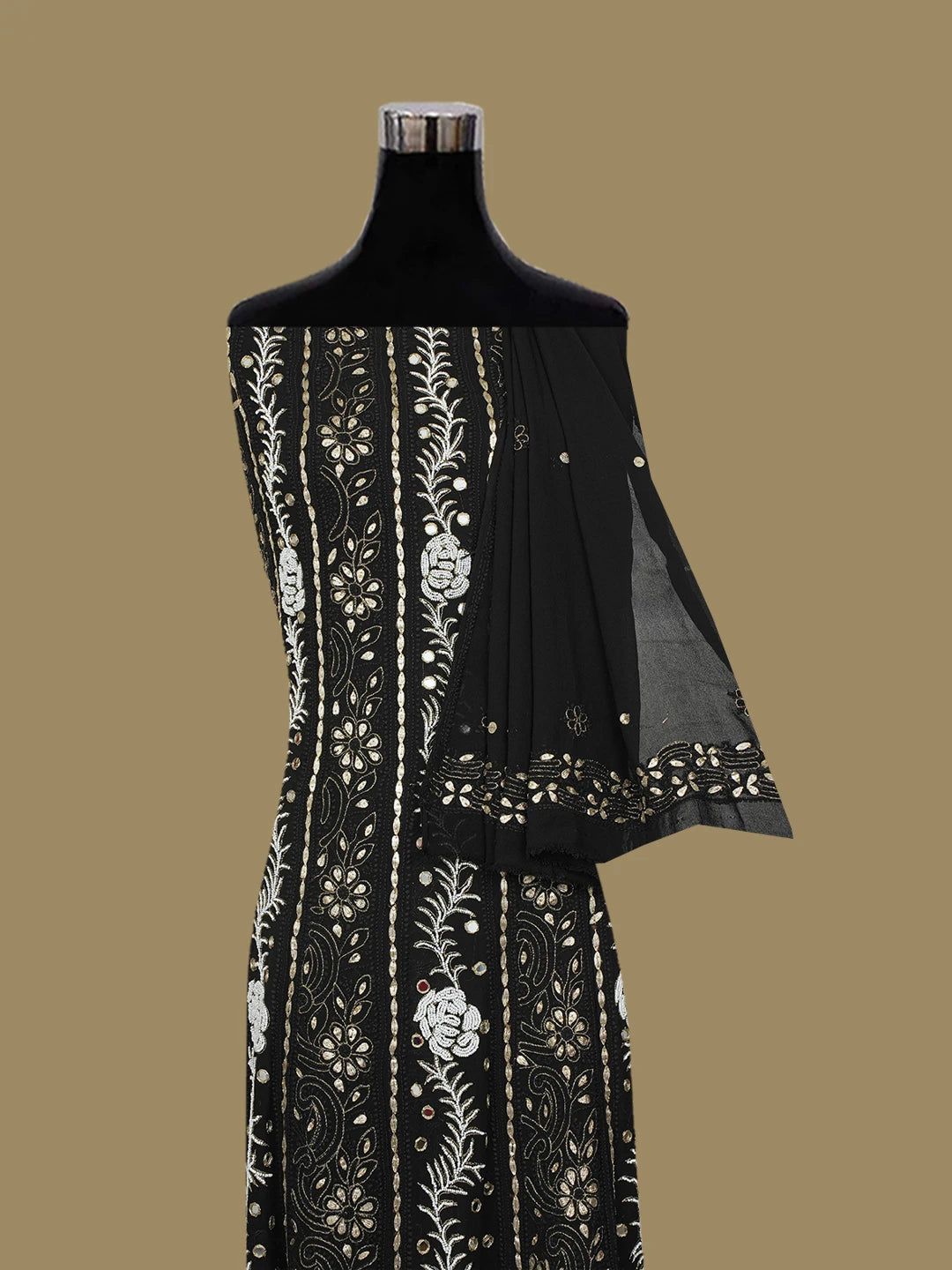 Ada Hand Embroidered Black Viscose Georgette Lucknowi Chikankari Semi-Stitched Anarkali Kurta Dupatta Set With Mirror and Pearl Work 01A487049