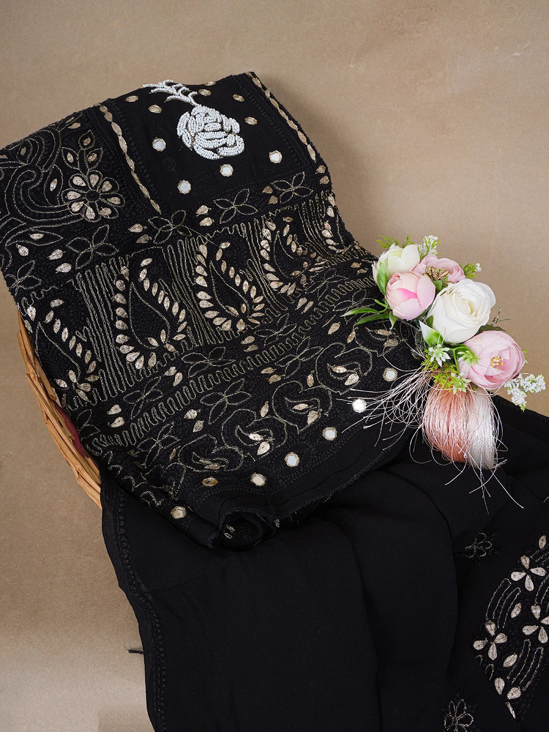Ada Hand Embroidered Black Viscose Georgette Lucknowi Chikankari Semi-Stitched Anarkali Kurta Dupatta Set With Mirror and Pearl Work 01A487049